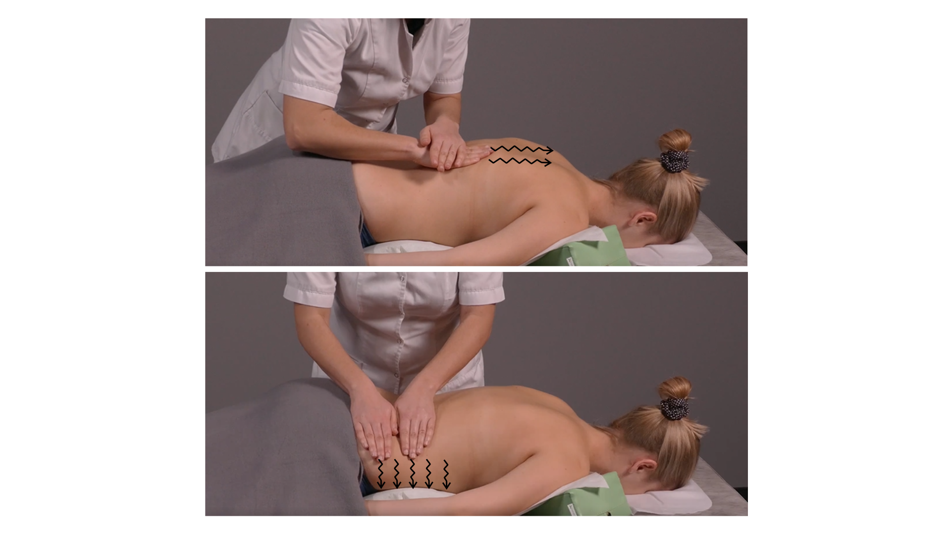 Zdjęcia przedstawiają pacjenta w ułożeniu przodem, twarz pacjenta znajduje się w otworze w zagłówku, ręce leżą wzdłuż ciała. Na pierwszym zdjęciu lewa ręka masażysty jest ułożona całą powierzchnią wzdłuż pleców pacjenta. Prawa ręka leży poziomo na lewej. Masażysta wykonuje ruch od dolnego odcinka kręgosłupa w stronę barków po obu stronach grzbietu. Na drugim zdjęciu obie ręce masażysty są ułożone całą powierzchnią na grzbiecie pacjenta. Masażysta wykonuje ruch od środkowej linii pleców obok kręgosłupa w stronę boku pleców.