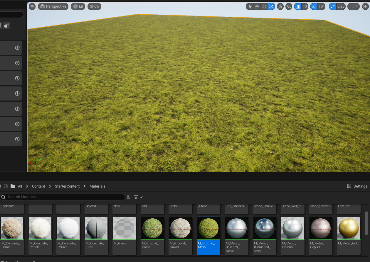Ilustracja przedstawia okno programu. W obszarze roboczym jest powierzchnia wypełniona zielonym mchem. Poniżej obszaru roboczego są opcje wyboru zagospodarowania powierzchni obszaru roboczego. Wybrano M_Ground_Moss.  