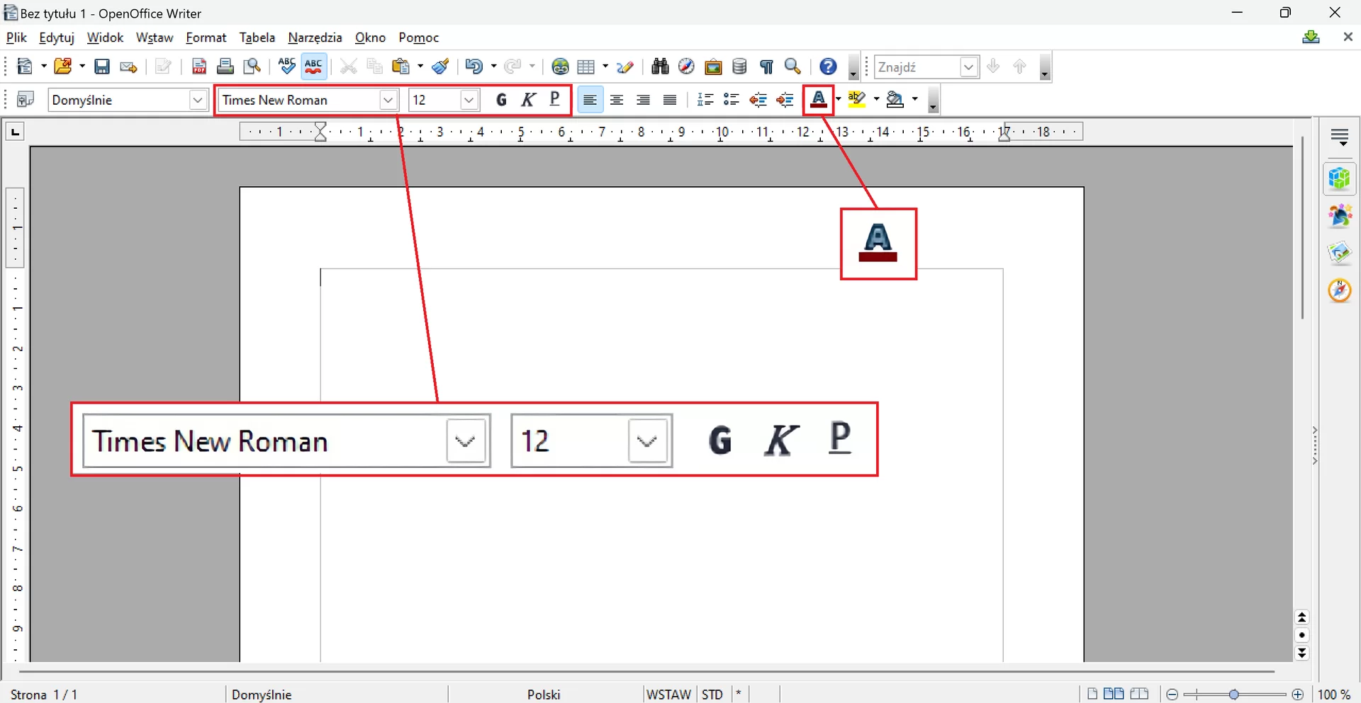 Zrzut okna programu OpenOffice Writer z zaznaczonym elementami do formatowania tekstów. Wyróżnione zostały opcje pozwalające zmienić czcionkę, rozmiar czcionki, pogrubienie, kursywę, podkreślenie, kolor czcionki.