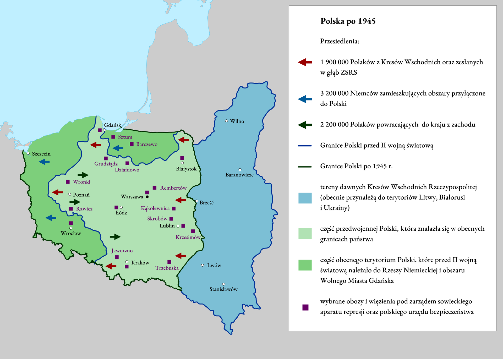 Na ilustracji mapa Polski po 1945 roku.