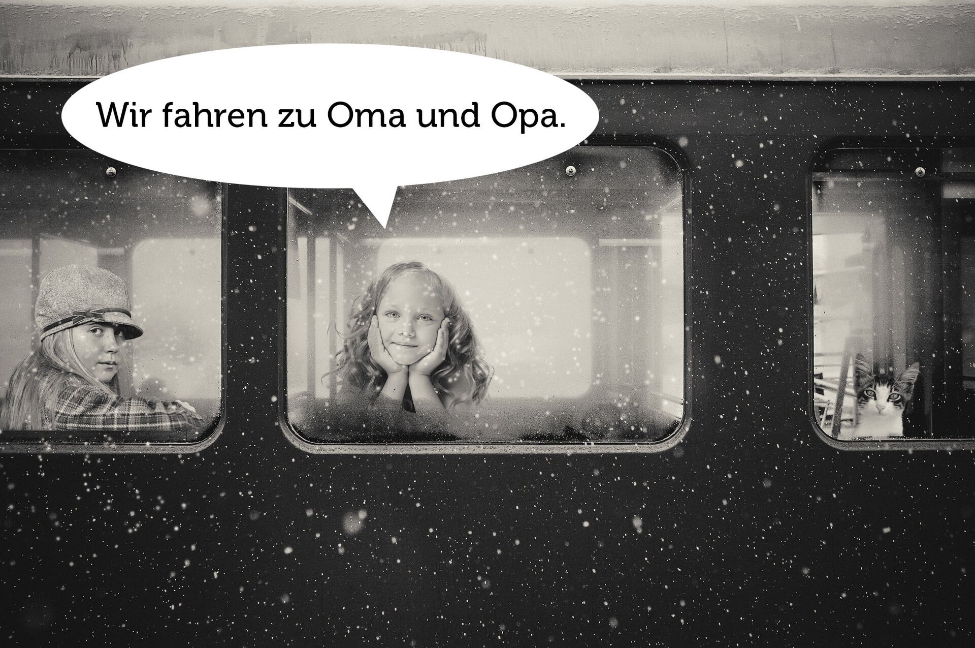 Na ilustracji znajduje się dwójka dzieci wyglądająca przez okno pociągu. Nad nimi znajduje się dymek z napisem: Wir fahren zu Oma und Opa.