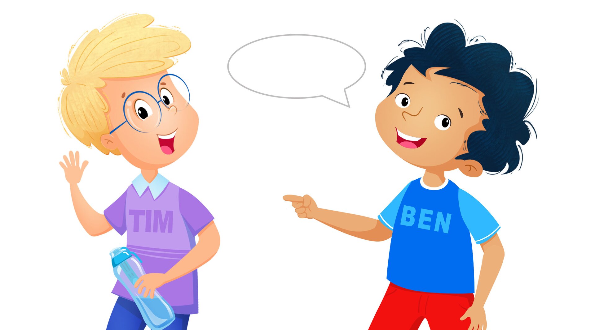 Na ilustracji znajduje się dwóch chłopców. To Ben i Tim.Ben ma ciemne włosy Tim nosi okulary.