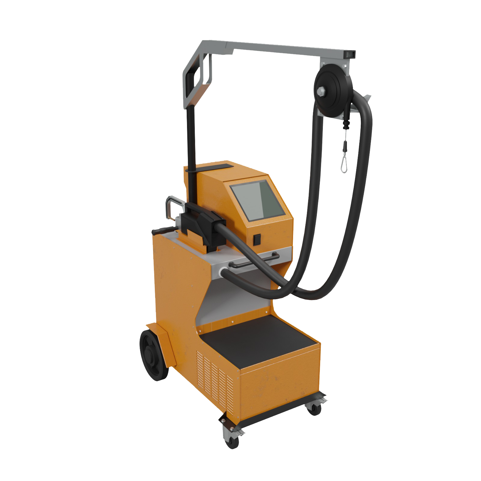 Na ekranie przedstawiona została zgrzewarka. Jest to maszyna na kółkach, która posiada podstawkę, panel, ekran, wysięgnik, na którym zawieszona jest rura.