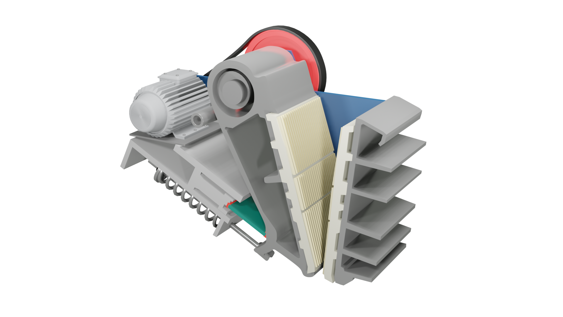 Ilustracja przedstawia model kruszarki szczękowej. Zasadnicza część składa się z dwóch szczęk. Pierwsza z nich jest ruchoma, a druga - nieruchoma. Stanowią je dwie prostokątne płaszczyzny, posiadające na powierzchni równolegle rozmieszczone rowki. Są one poprowadzone od góry do dołu. Szczęki tworzą kąt ostry i są skierowane do siebie wspomnianymi rowkami. Kąt, który tworzą, znajduje się w dolnej części grafiki. Szczęka nieruchoma znajduje się z zewnętrznej strony konstrukcji, po prawej stronie. Po lewej stronie znajduje się wspomniana szczęka ruchoma. W górnej części jest ona zawieszona na wale mimośrodowym, zorientowanym poziomo wzdłuż górnego, krótszego boku szczęki. W dolnej części do szczęki przylega płyta rozporowa, usytuowana pod kątem ostrym względem płaszczyzny wyznaczanej przez szczękę. W lewej, górnej części urządzenia zamontowany jest silnik napędowy, odpowiadający za ruch wału. Silnik reprezentowany jest przez cylindryczny element. Szczęka ruchoma, zbliżając się do szczęki stacjonarnej powoduje rozdrobnienie materiału, dostarczonego górnym otworem wlotowym. Poniżej grafiki znajduje się przycisk multimedialny z nagraniem audio. Treść nagrania jest zgodna z tytułem grafiki.