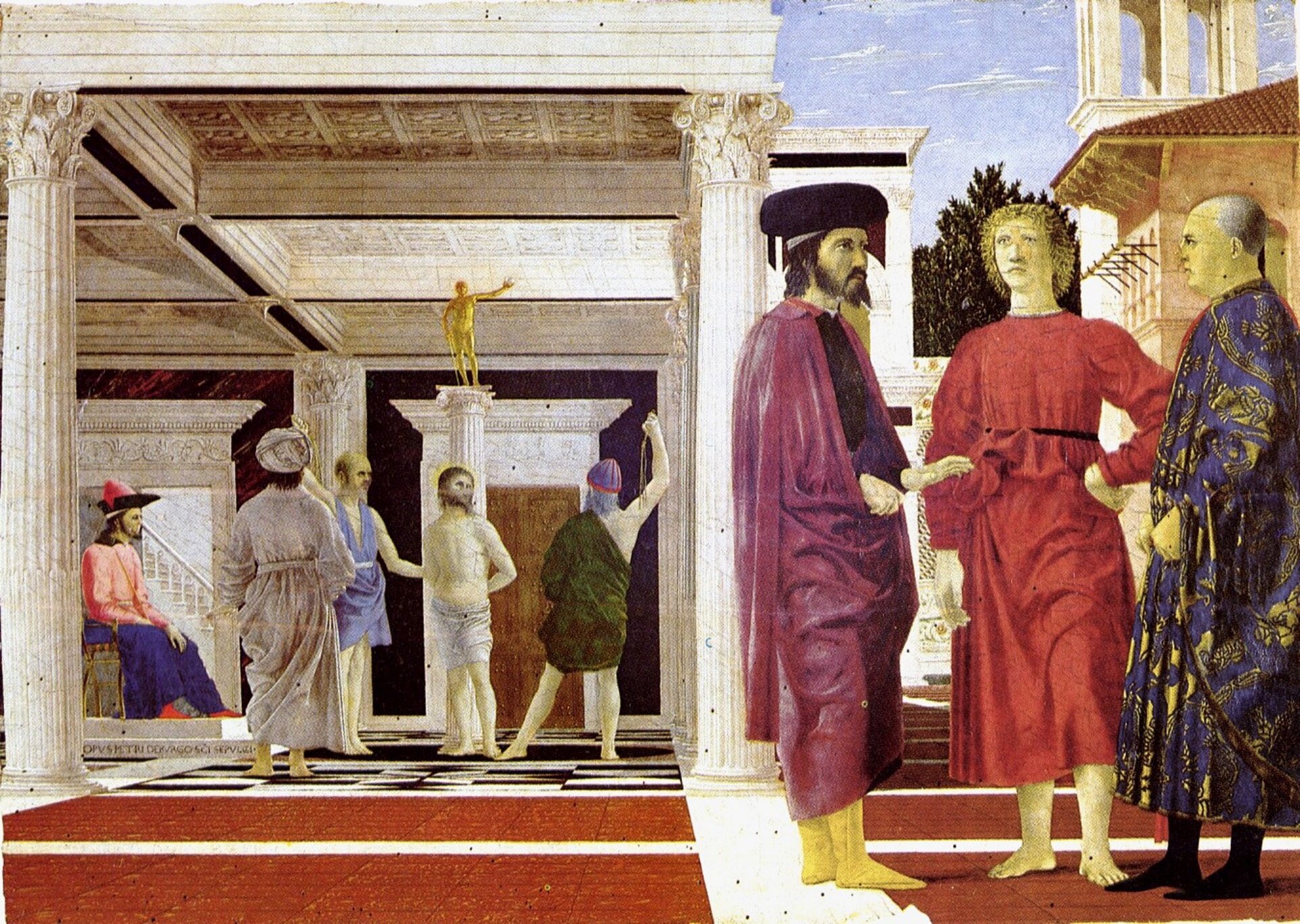 Ilustracja przedstawia dzieło Piero della Francesca: „Biczowanie”. Na obrazie widzimy trzy sceny: na pierwszym planie, z prawej strony obrazu – trzy stojące postaci, z których środkowa znajduje się na wprost, a dwie pozostałe w ujęciu z profilu; z lewej strony, w głębi: biczowanie Chrystusa – w tej scenie uczestniczą cztery postaci; nieco dalej – znajduje się siedzący mężczyzna, najprawdopodobniej Poncjusz Piłat. Doskonale oddana jest pozorna głębia perspektywy - oddają ją przede wszystkim kasetony namalowane na suficie świątyni oraz posadzka.