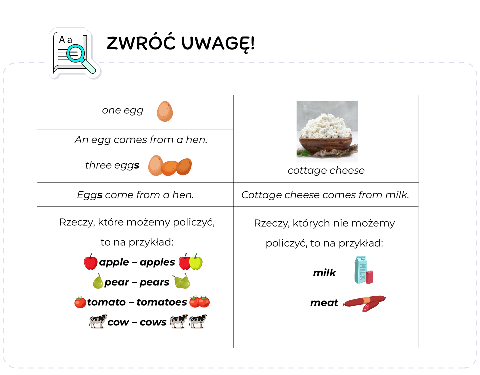 Ilustracja przedstawia przypomnienie słówek z lekcji. Widoczna jest tabelka. Po lewej stronie tabelki: one egg, ilustracja jednego jajka. An egg comes from a hen. three eggs, obok ilustracja przedstawiająca trzy jajka. Eggs come from a hen. Niżej widoczny jest napis: Rzeczy, które możemy policzyć, to na przykład: ilustracja jednego jabłka, apple – apples, ilustracje dwóch jabłek. Niżej widzimy ilustrację gruszki, obok podpis: pear – pears, ilustracja fwóch gruszek. Następnie widzimy ilustrację pomidora i podpis: tomato‑tomatoes oraz ilustrację dwóch pomidorów. Na samym dole widzimy ilustrację krowy, podpis: cow – cows, obok znajduje się ilustracja dwóch krów. Po prawej stronie tabelki znajduje się zdjęcie twarogu, a pod nim podpis: cottage cheese. Następnie widoczny jest podpis: Cottage cheese comes form milk. Niżej znajduje się podpis: Rzeczy, których nie możemy policzyć, to na przykład: milk, obok jest ilustracja mleka w kartonie, meat, obok widoczna ilustracja mięsa.