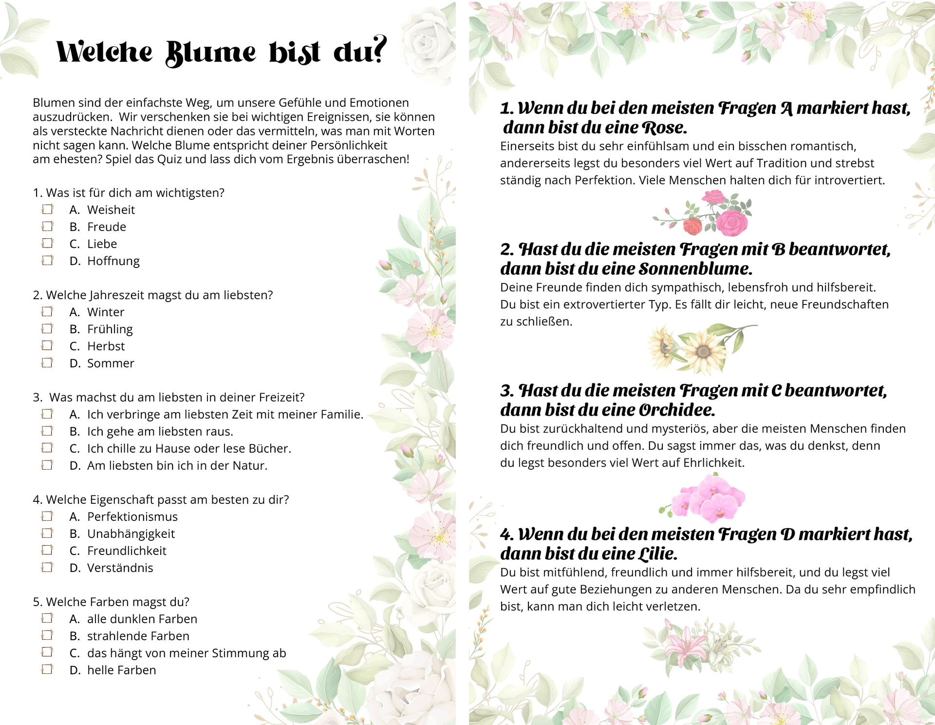 Ilustracja przedstawia quiz na temat kwiatów. Transkrypcja jest dostępna poniżej.