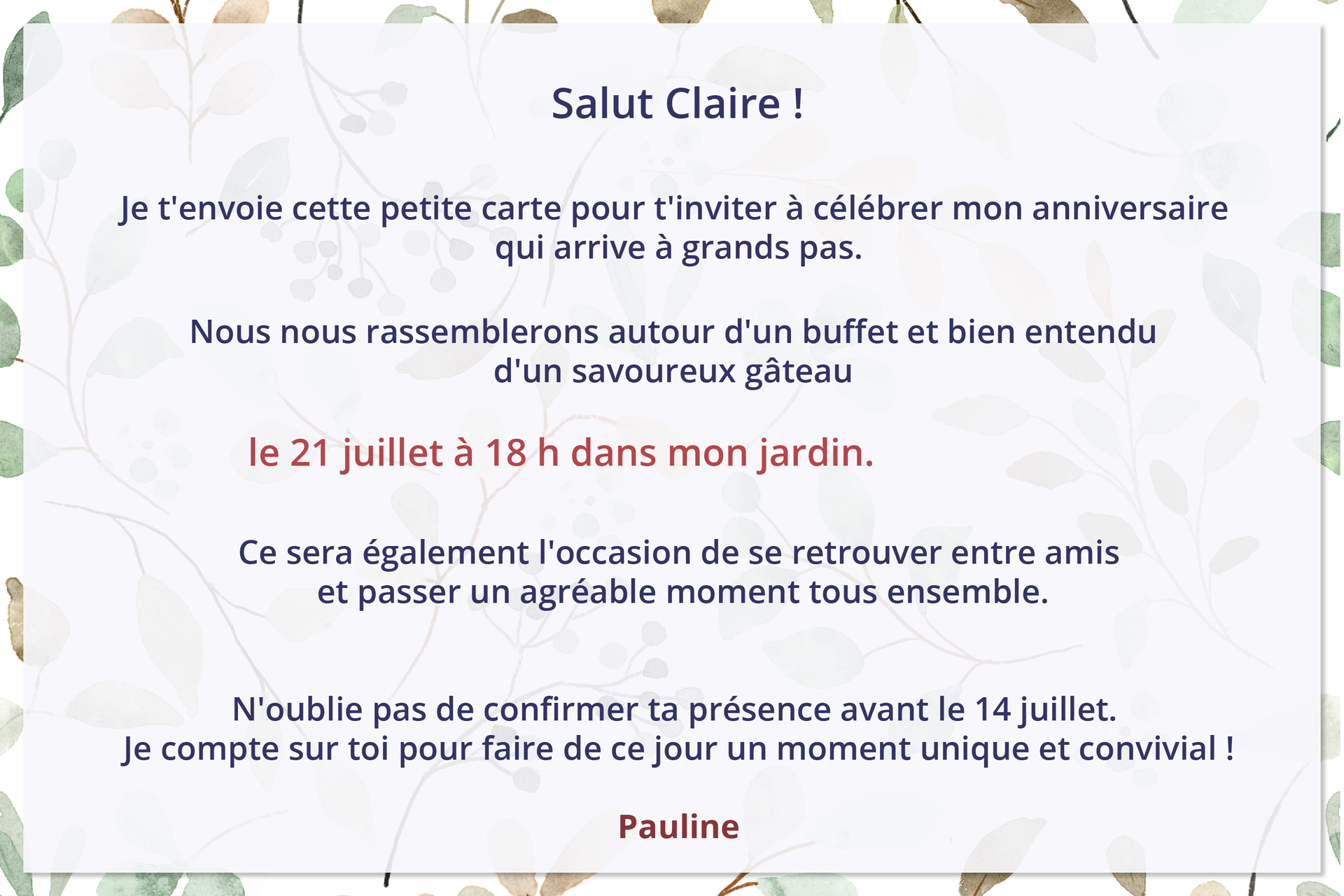 Ilustracja przedstawia karnet z zaproszeniem o treści  języku francuskim: 