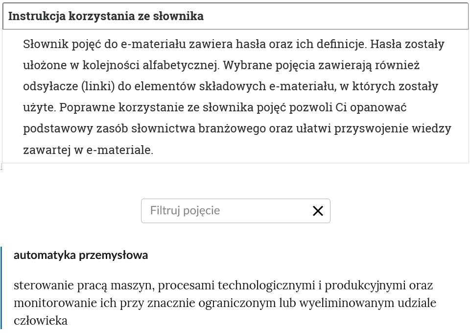 Ilustracja przedstawia widok na górną część słownika. U góry znajduje się otwarty panel z instrukcją. Poniżej widać pole do filtrowania haseł słownika. Na dole znajduje się hasło wraz z definicją.