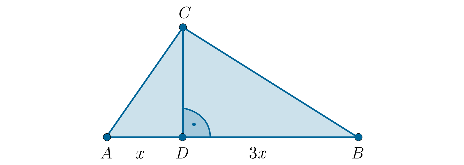 Ilustracja przedstawia trójkąt prostokątny A B C, w którym bok AB jest przeciwprostokątną. Poprowadzono wysokość z wierzchołka C na podstawę A B w tym trójkącie. Punkt przecięcia wysokości z podstawą A B oznaczono jako D. Długość odcinka A D wynosi x, a długość odcinka B D wynosi 3x. Kąt C D B oznaczono jako kąt prosty.