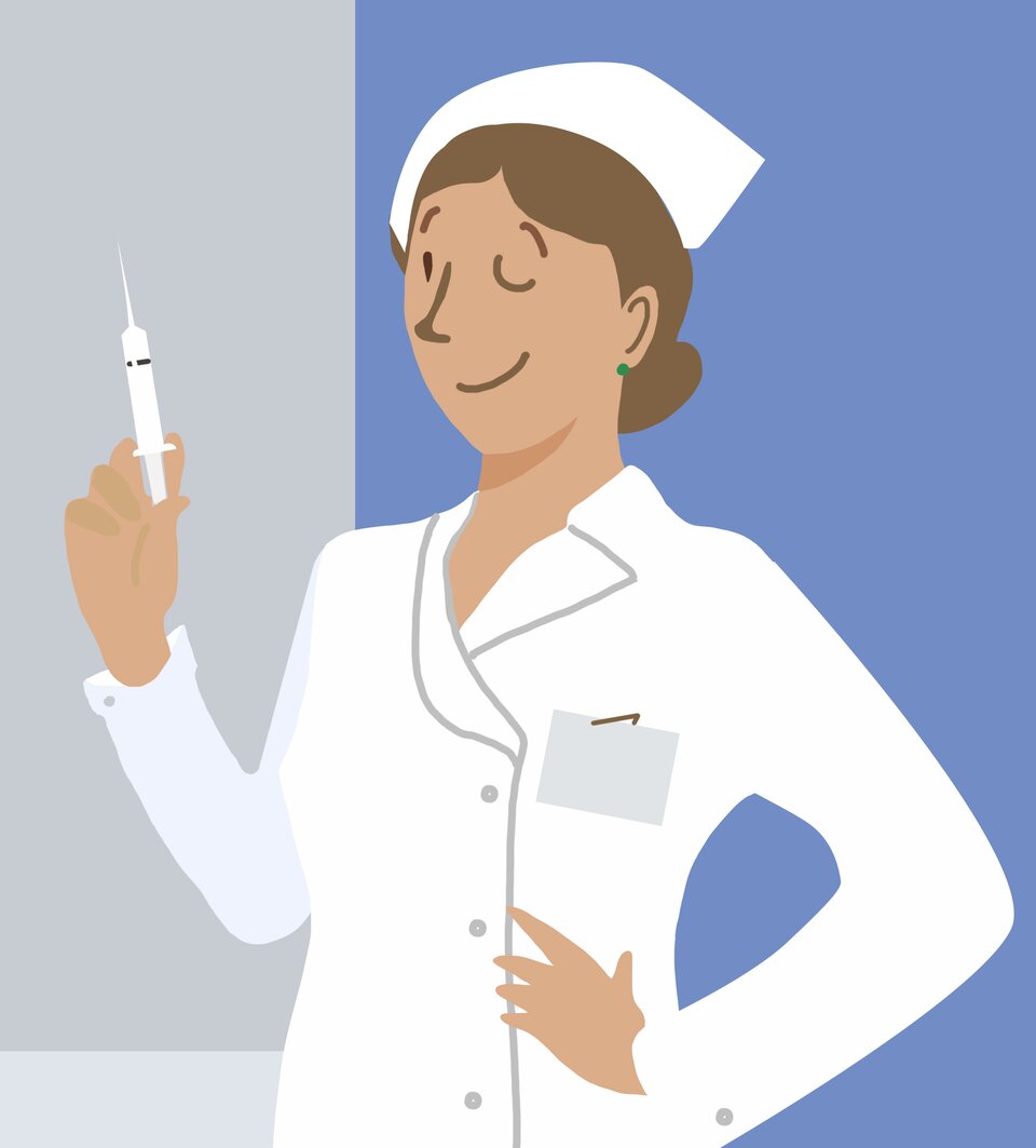 Ilustracja przedstawia kobietę ubraną w biały fartuch, prawdopodobnie pielęgniarkę. Kobieta trzyma w ręku strzykawkę.