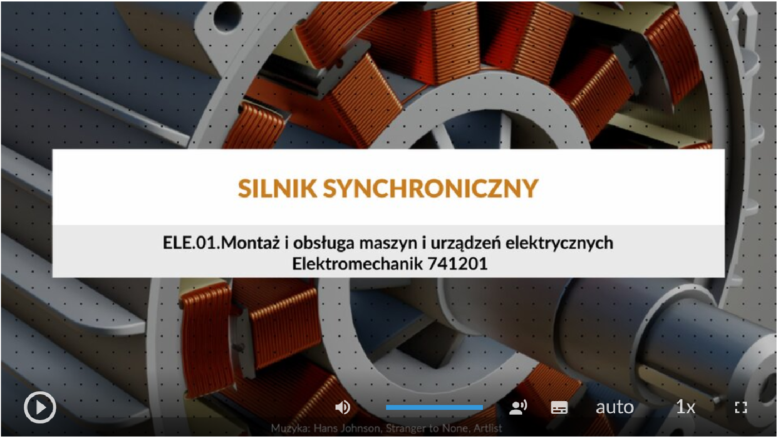 Na środku ekranu znajduje się ramka z tytułem filmu: silnik synchroniczny. Poniżej umiejscowiony został tekst e el e kropka zero jeden kropka montaż i obsługa maszyn i urządzeń elektrycznych elektromechanik siedem cztery dwa zero jeden.