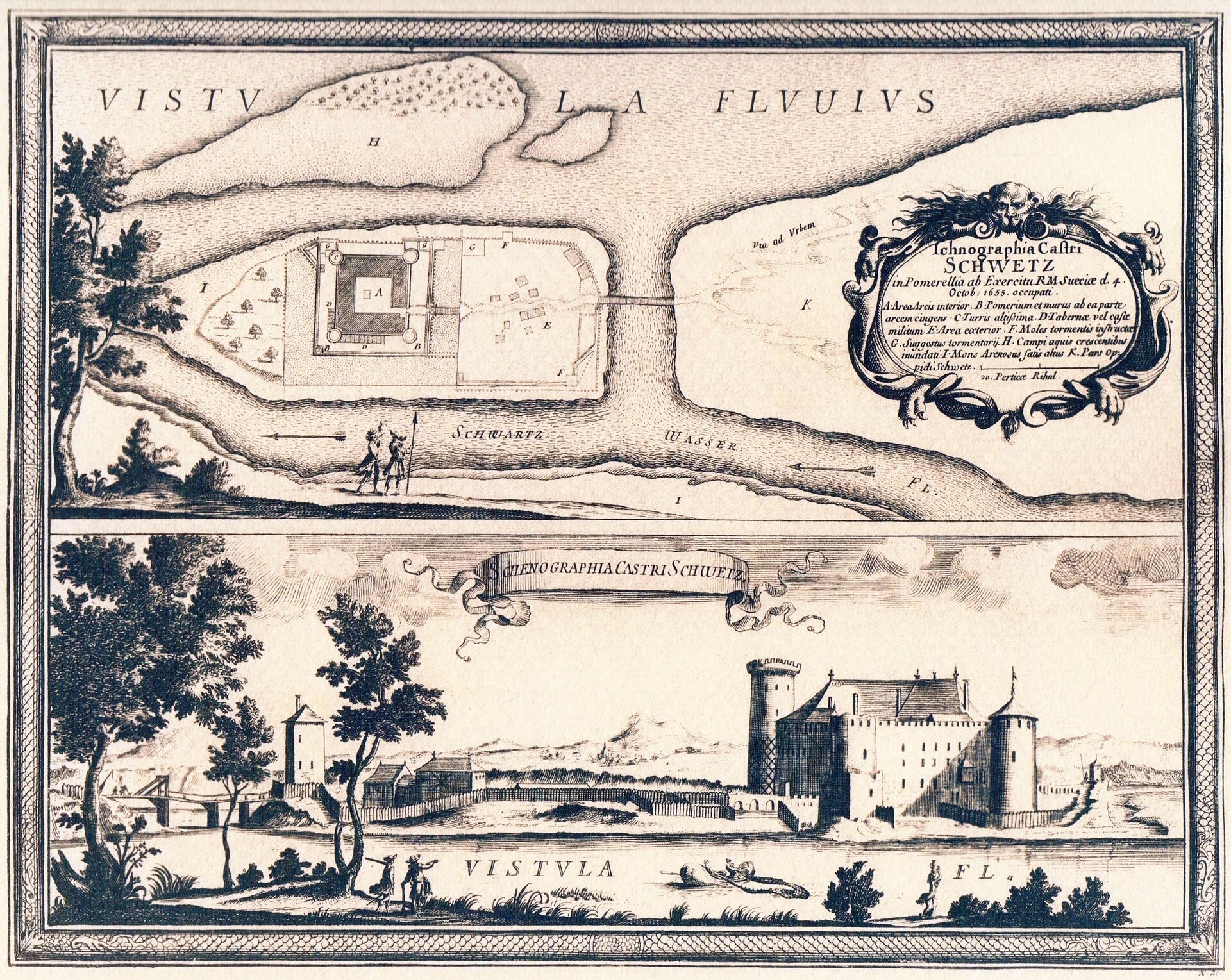 Na ilustracji został przedstawiony plan zamku w Świeciu (w górnej części z lewej), sporządzony w połowie XVII wieku. Widać na nim lokalizację głównych zabudowań zamku i jego obronne położenie w widłach dwóch rzek - Wisły i Wdy. Na ilustracji umieszczona została legenda w języku łacińskim objaśniająca, jakie elementy zostały uwzględnione na planie oraz podana została data dzienna sporządzenia planu. Poniżej planu (w dolnej części ilustracji) umieszczony został widok zamku od strony Wisły. Widoczne na nim są główne budynki zamkowe wraz z wieżą. 