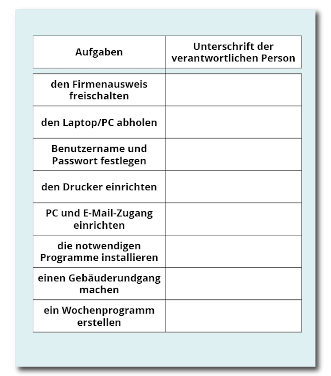 Grafika przedstawia tabelę złożoną z dwóch kolumn. Nagłówek pierwszej kolumny Aufgaben. Nagłówek drugiej kolumny Unterschrift der veranwortlichen Person. Kolumna Aufgaben, wiersz 1. den Firmenausweis freischalten. Kolumna Aufgaben, wiersz 2. den Laptop / PC abholen. Kolumna Aufgaben, wiersz 3. Benutzername und Passwort festlegen. Kolumna Aufgaben, wiersz 4. den Drucker einrichten. Kolumna Aufgaben, wiersz 5. PC und E‑Mail‑Zugang einrichten . Kolumna Aufgaben, wiersz 6. die notwendingen Programme installieren. Kolumna Aufgaben, wiersz 7. einen Gebäuderundgang machen. Kolumna Aufgaben, wiersz 8. ein Wochenprogramm erstellen. Wiersze pod kolumną drugą Unterschrift der veranwortlichen Person są puste.