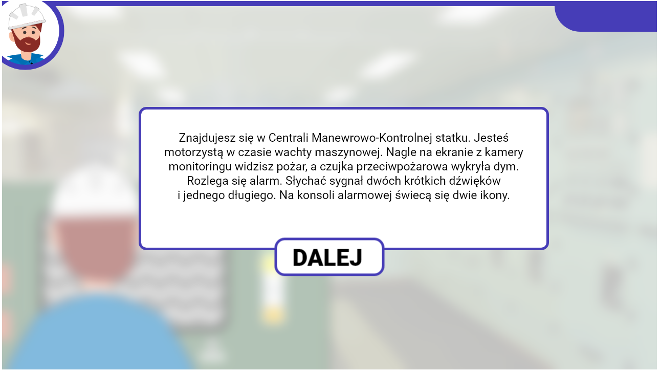 Grafika przedstawia okno z przykładowym opisem sytuacji z gry edukacyjnej. Okno wyświetla się na środku ekranu. W jego dolnej części znajduje się przycisk „dalej”.