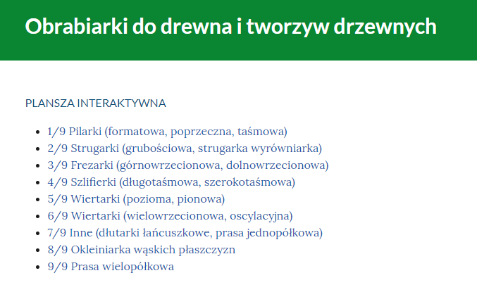 Grafika przedstawia przykładowy wygląd spisu treści planszy interaktywnej. Tytuły poszczególnych plansz zostały kolejno ponumerowane.