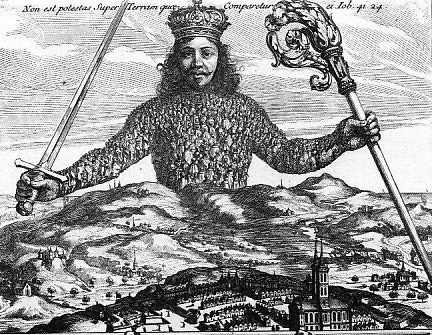 Ilustracja przedstawia górną część okładki Lewiatana. W górnej połowie przedstawiono nienaturalnie dużą postać króla w koronie z mieczem w ręce, który unosi dłonie nad ziemią, miastami i wioskami.