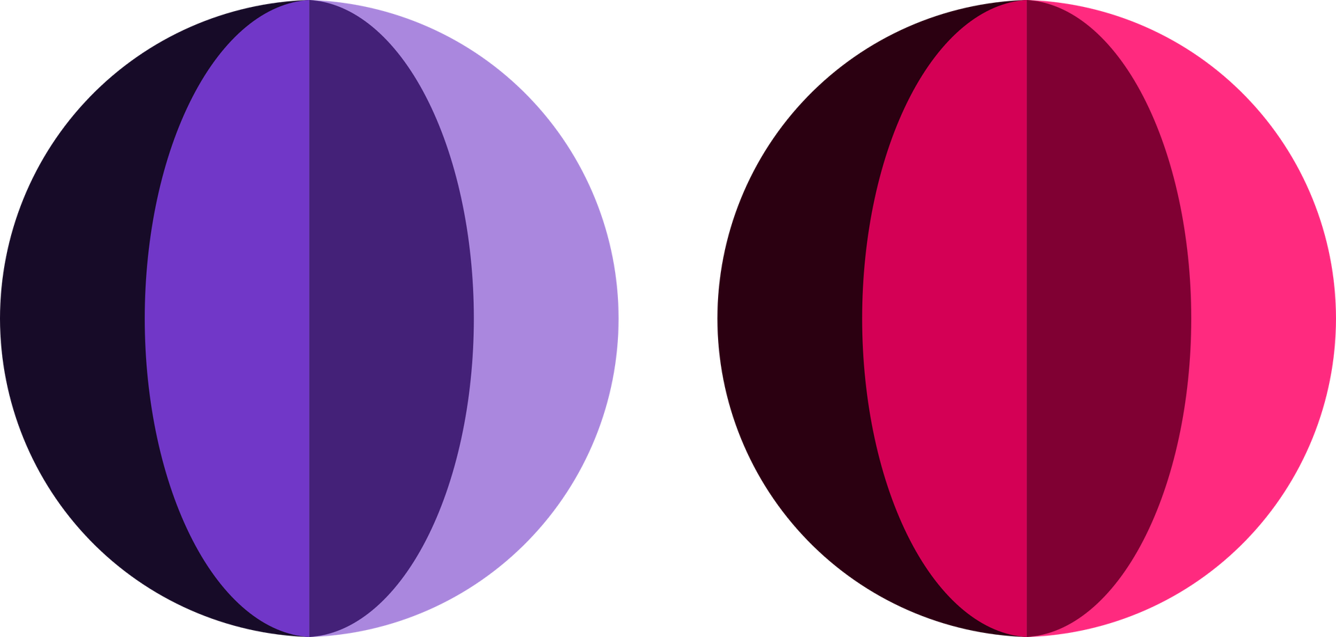 Ilustracja przedstawia dwa koła podzielone na cztery części. Każda z część ma ciemniejszy odcień koloru po prawej. Dla pierwszego to odcienie koloru niebieskiego, dla drugiego czerwonego.