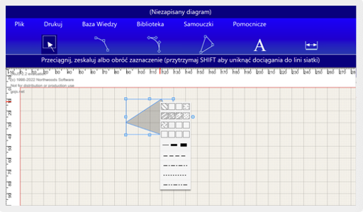 Ilustracja przedstawia stronę startową programu komputerowego. Znajdują się tam przyciski menu: plik, drukuj, baza wiedzy, biblioteka, samouczki, pomocnicze. Podświetlona jest opcja Zaznaczenie/Przesunięcie. Poniżej w obszarze rysowania znajduje się trójkąt i obok niego otwarte okno z wzorami wypełnienia i konturu do wyboru.