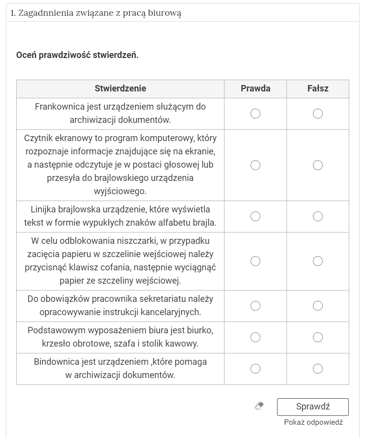 Widok na ćwiczenie numer 1: Zagadnienia związane z pracą biurową.