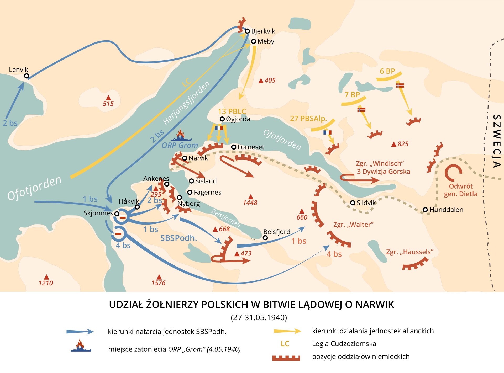 Mapa przedstawia udział żołnierzy Polskich w bitwie lądowej w Narvik. Rzecz miała miejsce w północnej Norwegii po wschodniej stronie granicząc ze Szwecją. Kierunki natarcia jednostek SBSPodh.: z Lenvik przez Bjerkvik, na południe przez Skjomnes przez Hakvik do Ankenes, Nyborg i dalej na wschód Beisfjord. Ukazane jest także miejsce zatonięcia ORP „Grom” 4.05.1940 roku u wybrzeża Herjangfjorden. Pozycje oddziałów niemieckich kierowały się na północ w głąb lądu od tego miejsca. Kierunki działania jednostek alianckich, które tworzyły Legię Cudzoziemską kierowały się z Ofotjorden na Bjerkvik i Meby i na południe w głąb wybrzeża.
