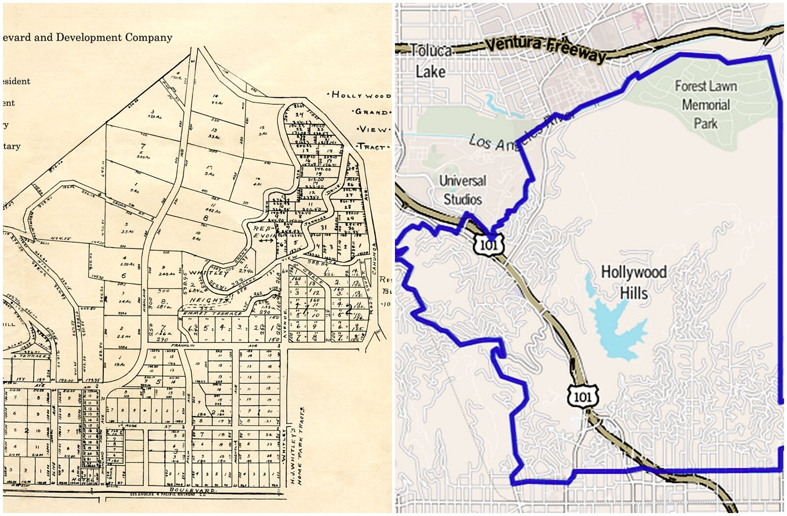 Ilustracja składa się z dwóch grafik. Na grafice po lewej stronie widoczna jest stara mapa z wydzielonymi i ponumerowanymi działkami oraz drogami. Na mapie widoczne są różne nazwy w języku angielskim: BOULEVARD, H.J. WHITLEY’S HOME PARK TRACTS, WHITLEY AVENUE, GRAND VIEW TERRACE DRIVE, CAHUNGA AVE., HOLLYWOOD GRAND VIEW TRACT. Na grafice po prawej stronie widoczna jest mapa przedstawiająca fragment Los Angeles, która obejmuje teren Hollywood Hills. Na mapie podpisane są także: Universal Studios, Forest Lawn Memorial Park, Toluca Lake, Ventura Freeway. Niebieską linią zaznaczona została trasa biegnąca przez wymienione miejsca.
