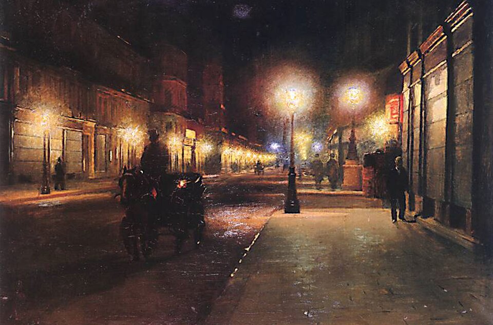 Obraz ukazuje paryską ulicę nocą, rozświetloną punktowo przez latarnie gazowe, witryny sklepowe i refleksy świateł odbijające się od mokrej jezdni. Ulica prowadzi ku tłu obrazu, gdzie światła zlewają się w nieco rozmytą poświatę. Na ulicy można dostrzec zarysy postaci przechodniów lub sylwetki w powozach. Wszystko dzieje się w półmroku, we mgle, w świetle gazowych latarni.