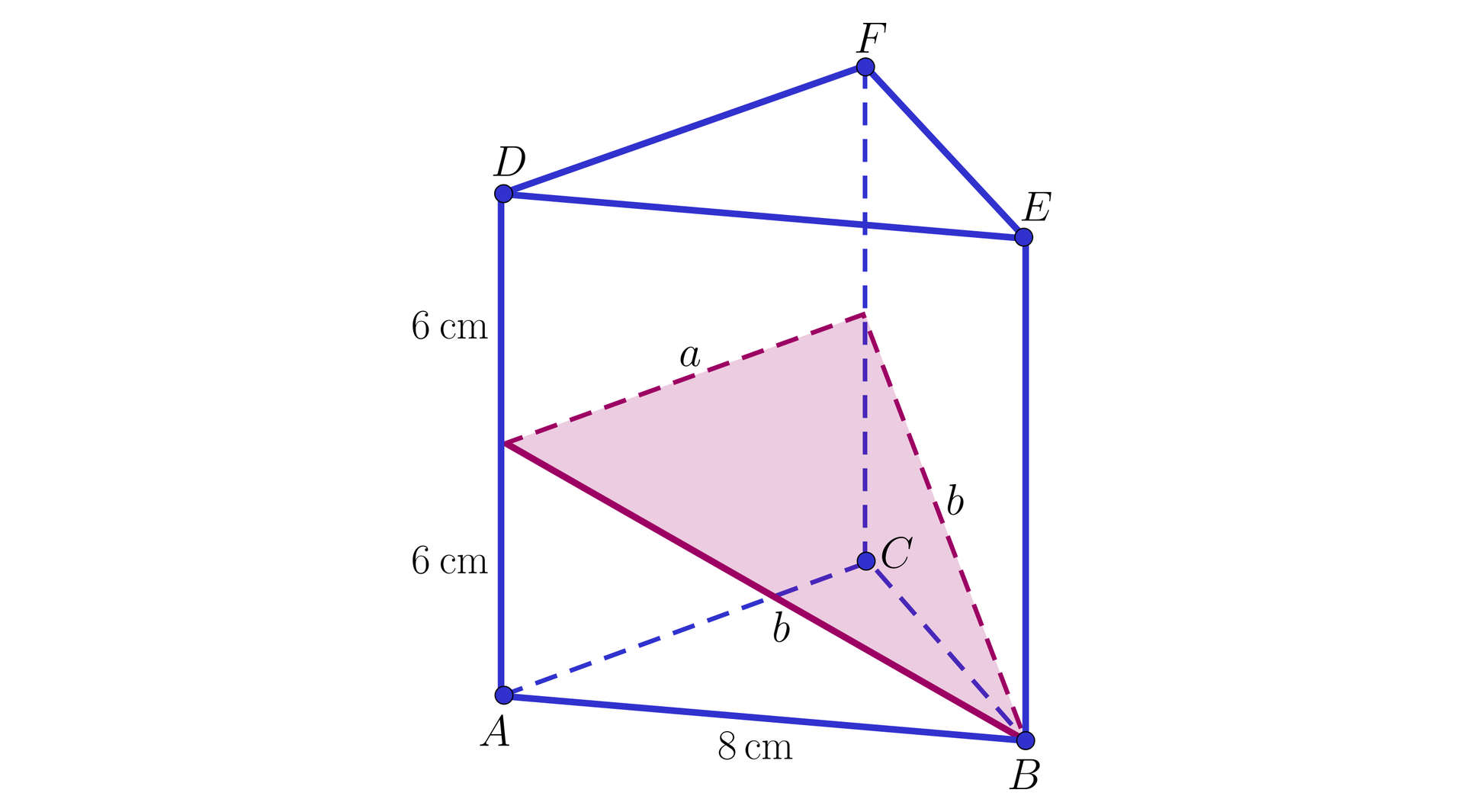 Na ilustracji przedstawiono graniastosłup prawidłowy trójkątny. Dolną podstawę oznaczono ABC, natomiast górną DEF. Odpowiednio nad wierzchołkiem A znajduje się wierzchołek D, nad wierzchołkiem B wierzchołek D oraz nad wierzchołkiem C wierzchołek F. Długość krawędzi bocznej wynosi 12 centymetrów, natomiast długość krawędzi podstawy wynosi 8 centymetrów. Wierzchołek B połączono z punktami stanowiącymi środki krawędzi AD i CF. Zacieniowano powstały trójkąt o bokach długości a, b i b.