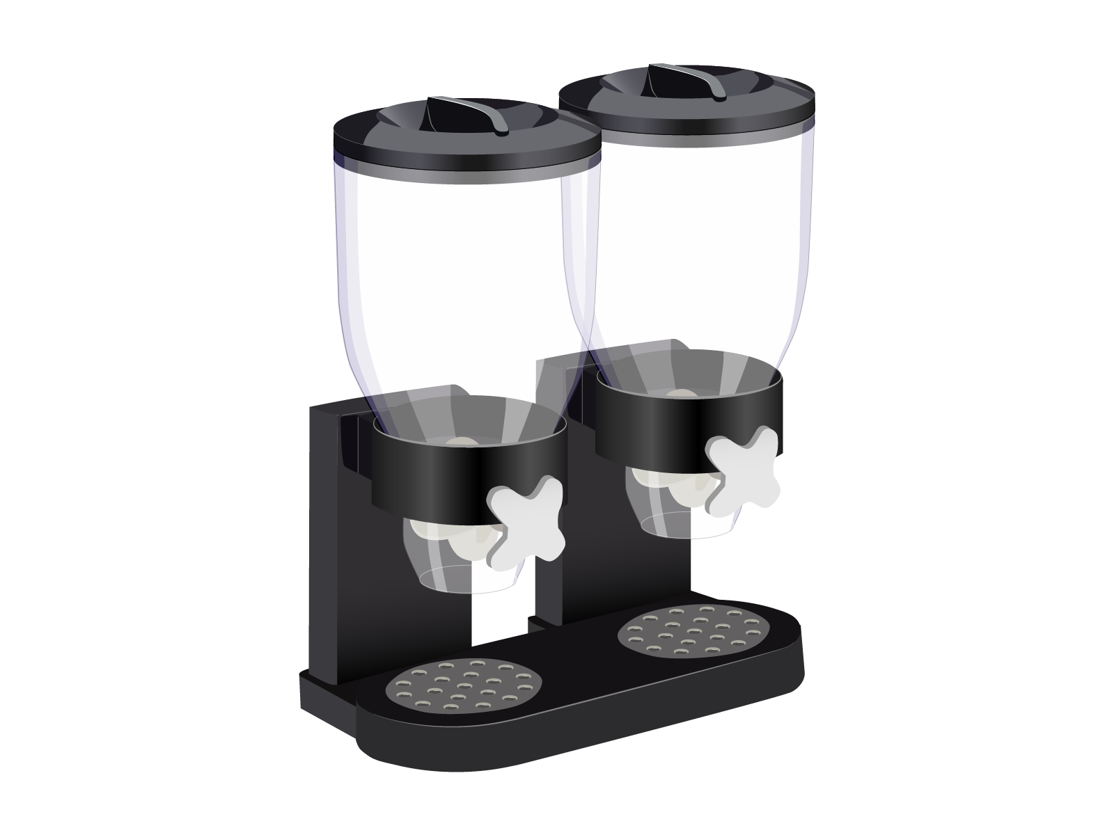 Grafika przedstawia dwa dozowniki do płatków śniadaniowych. Widoczne są w ujęciu z ukosa dwa przeźroczyste pojemnik usadowione w czarnych cylindrycznych obejmach wychodzących z obudowy. Na froncie pojemników, poniżej taśmowatej czarnej obejmy, białe pokrętło motylkowe czterodzielne. Poniżej dwa szare koła obrazujące miejsca, w których podstawia się miseczkę na płatki