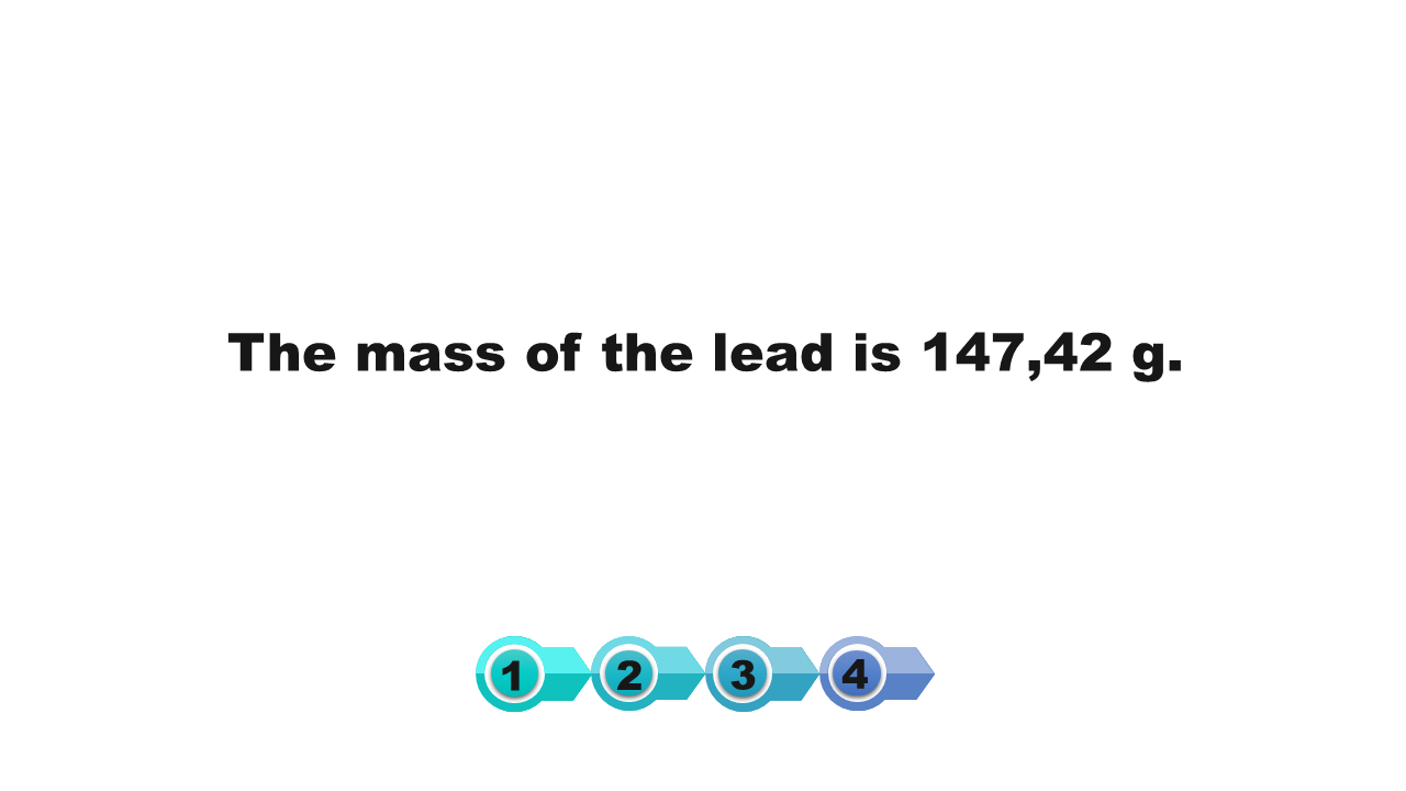 Grafika przedstawia wynik końcowy obliczeń. Masa ołowiu wynosi sto czterdzieści siedem przecinek czterdzieści dwa gramy.
