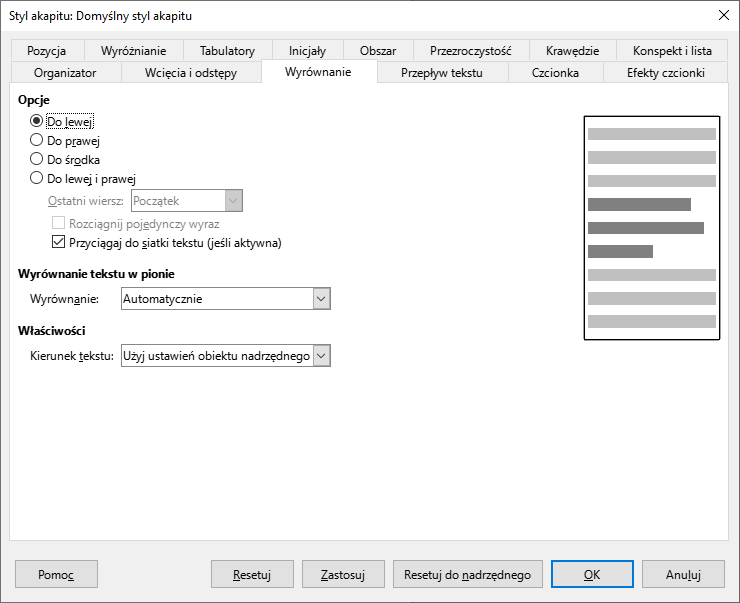 Zrzut ekranu przedstawia pkno dialogowe Akapit programu LibreOffice Writer. Znajdują się tam zakładki: Pozycja, Wyróżnianie, Tabulatory, Inicjały, Obszar, Przezroczystość, Krawędzie, Konspekt i lista, Organizator, Wcięcia i odstępy, Wyrównanie, Przepływ tekstu, Czcionka, Efekty czcionki. Obecnie otwarta jest zakładka Wyrównanie. Poniżej znajdują się opcje wybierające stronę, do której tekst będzie wyrównany.