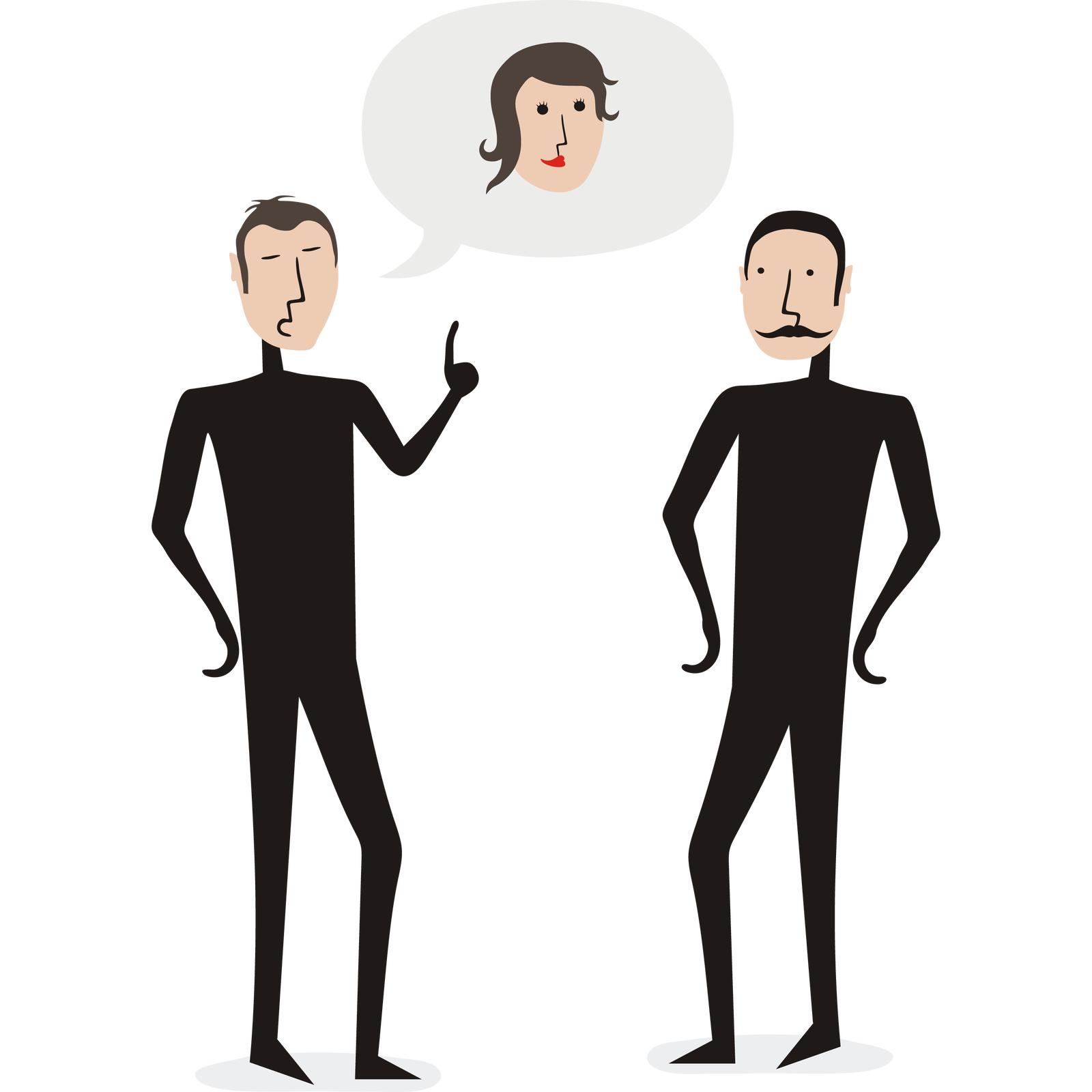 Kliknij, aby powiększyć Grafika. Dwóch mężczyzn w czarnych strojach rozmawia, stojąc naprzeciw siebie. Z ust mężczyzny po lewej stronie odchodzi dymek, w którym narysowana jest twarz kobiety.