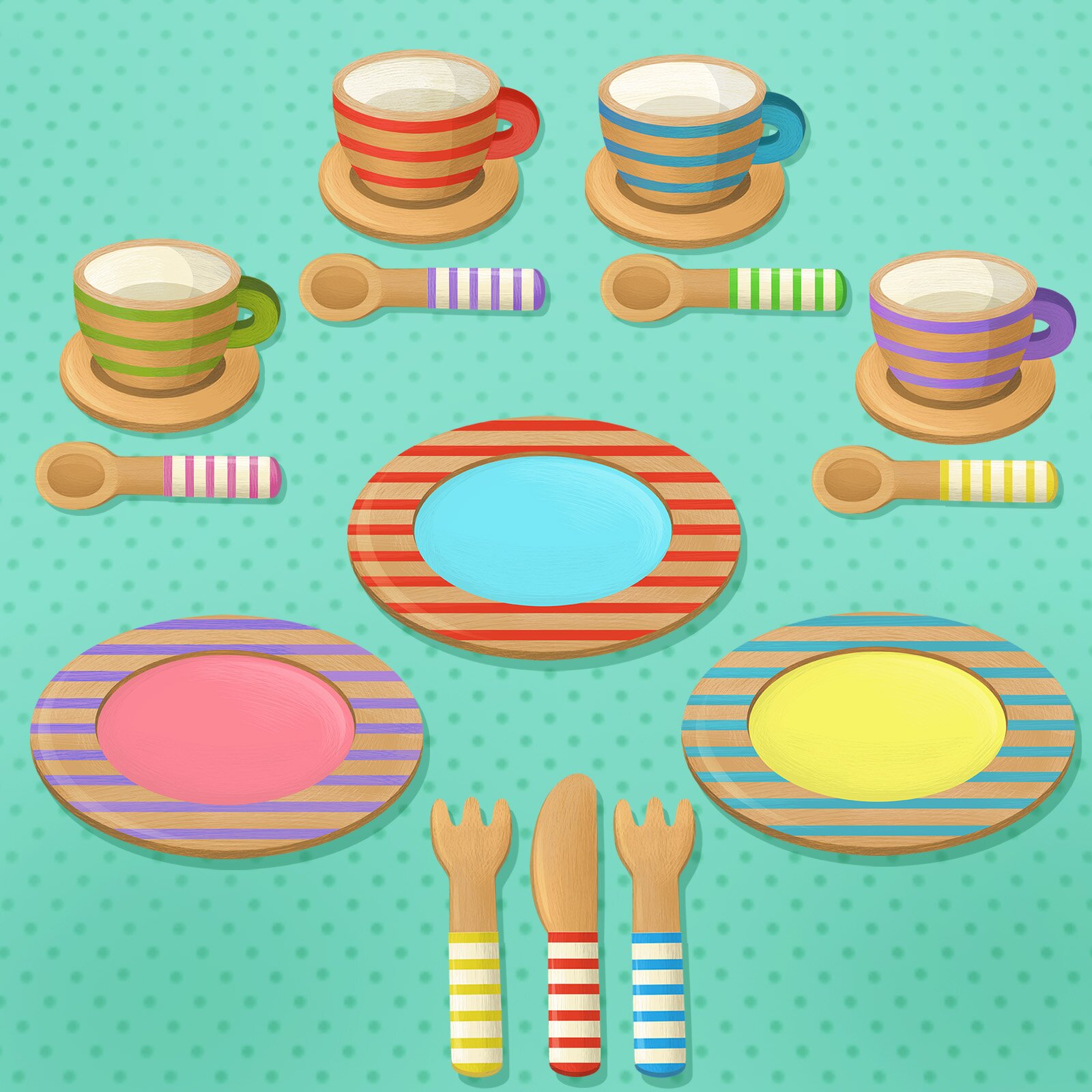 

Ilustracja przedstawia zabawkowe naczynia. Widoczne są cztery filiżanki, cztery łyżeczki, trzy talerze, dwa widelce i jeden nóż.