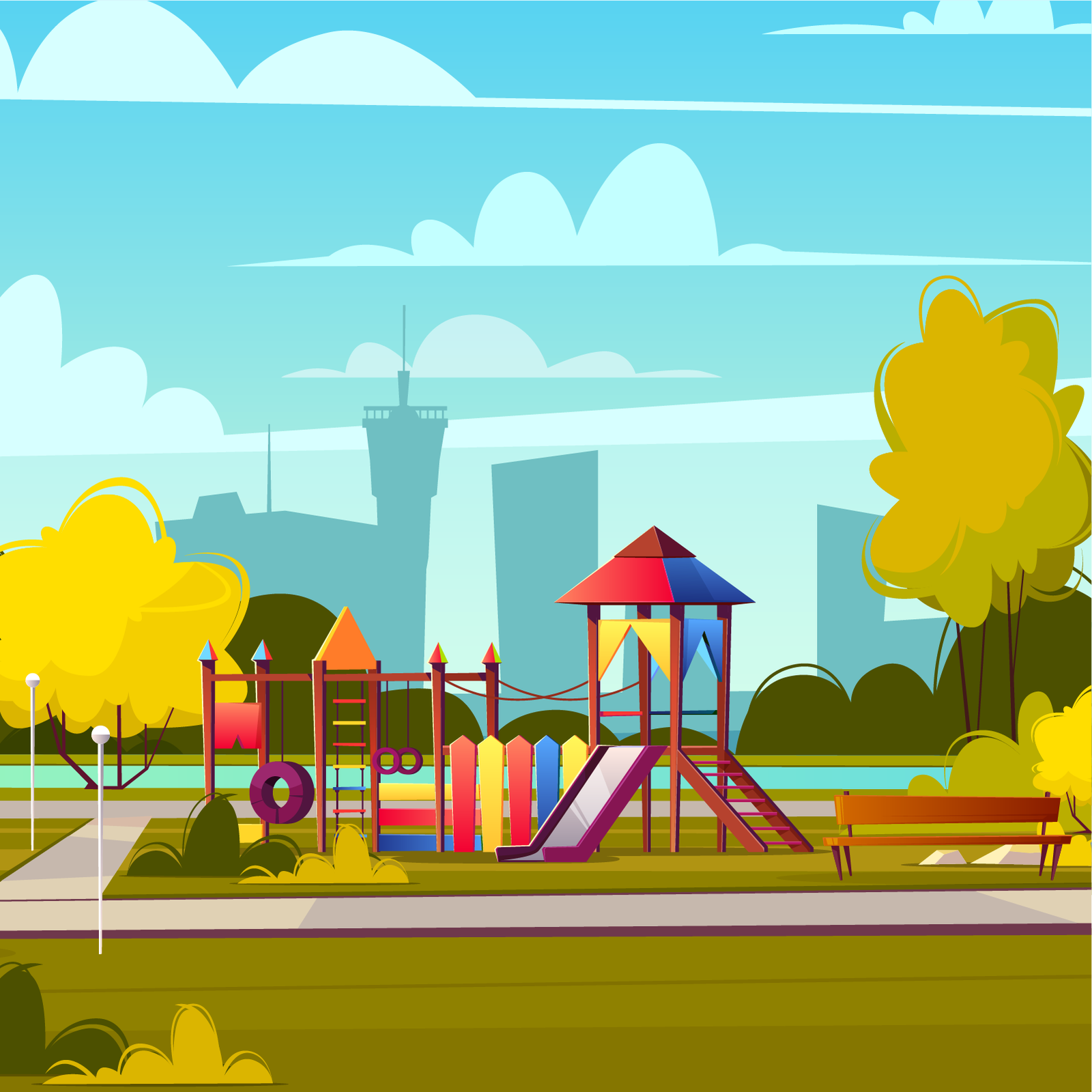 Ilustracja przedstawia plac zabaw. Plac zabaw wyposażony jest zjeżdżalnie z wieżyczką, schodki, huśtawki, drabinki oraz mostek.