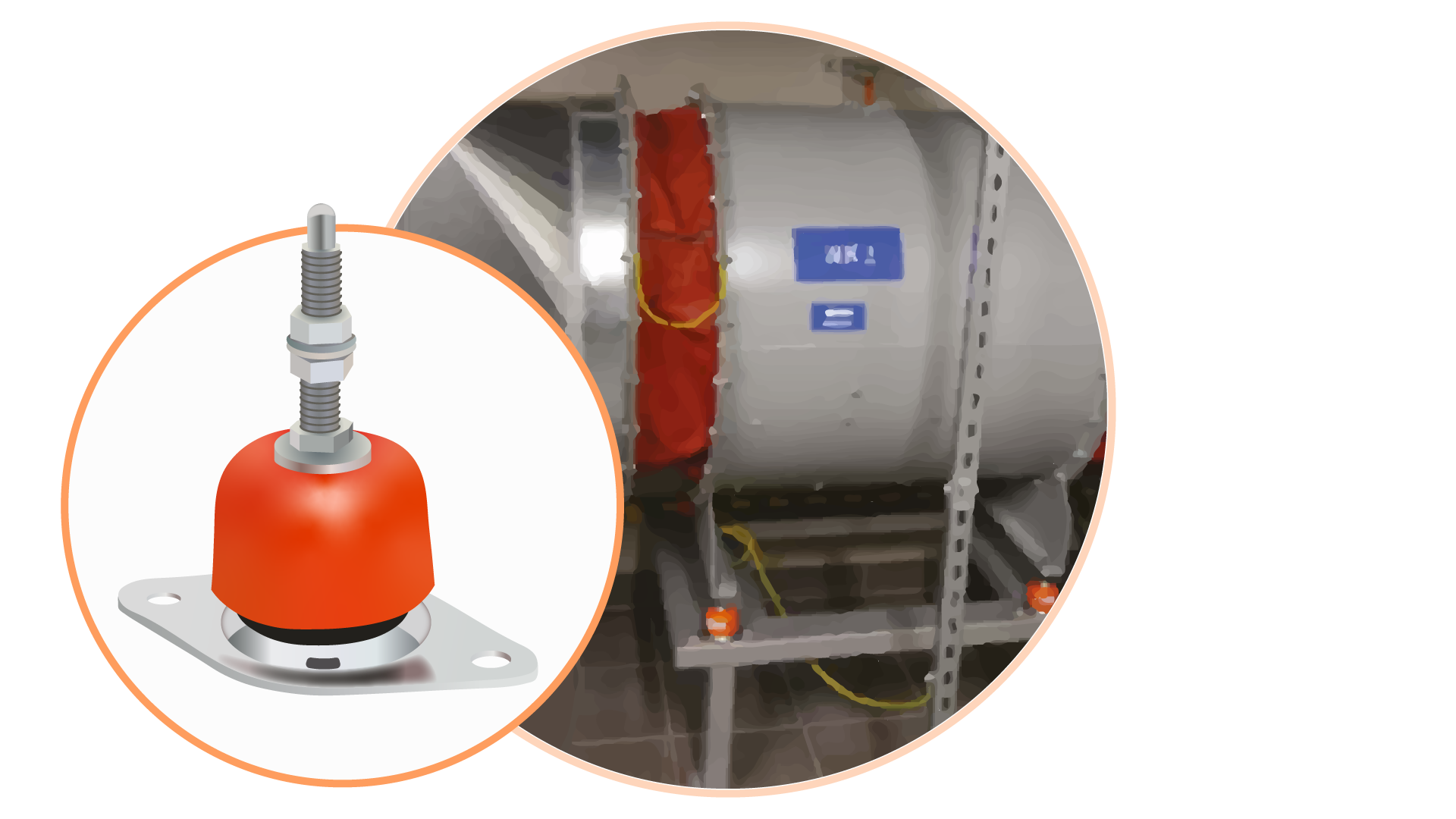 Grafika przedstawia poprawnie wykonaną izolację przeciwdrganiową maszyny przemysłowej przy pomocy wibroizolatora kotwionego. Grafika zawiera maszynę o owalnym kształcie umieszczoną na metalowych listwach. Po lewej stronie znajduje się zbliżenie na owalny wibroizolator kotwiony z podłużnym metalowym elementem na spodzie.