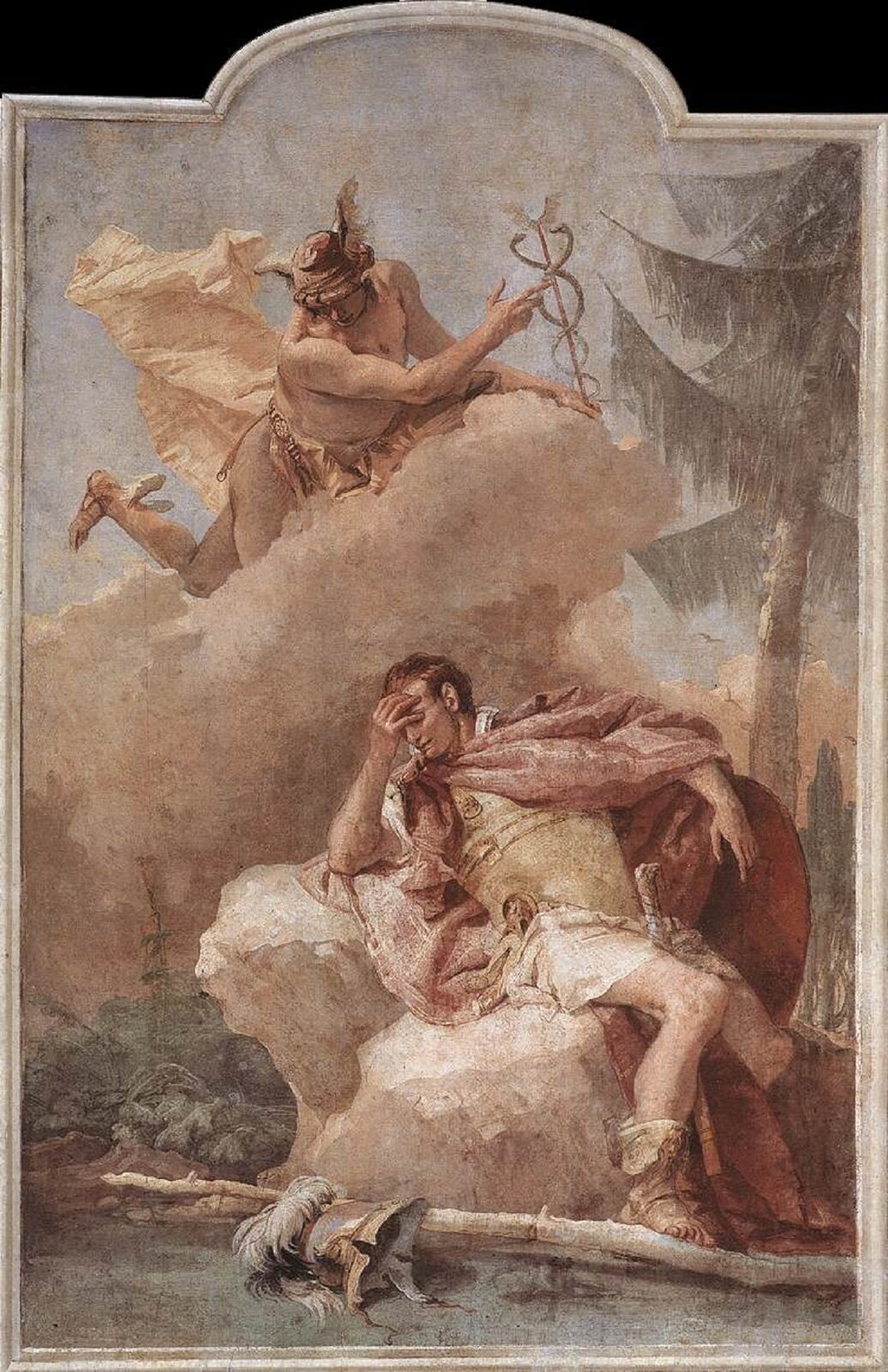 Ilustracja przedstawia obraz Giovanni Battista Tiepolo (1757), „Merkury wzywa Eneasza”. Eneasz siedzi na skale w zbroi, pod jego nogami leży hełm. Mężczyzna jest zrozpaczony, ręką zasłania swoja twarz. Nad nim na chmurze unosi się Merkury.