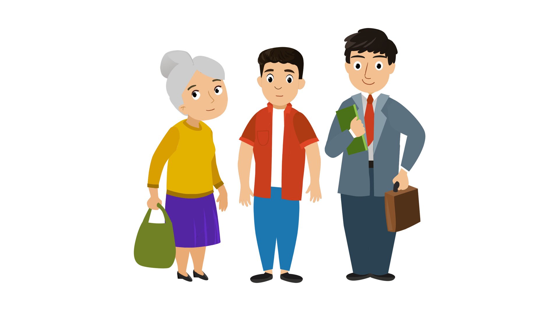 Na ilustracji znajduje się troje ludzi w różnym wieku.