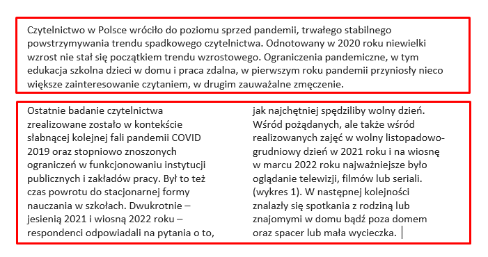 Na zdjęciu przedstawiono przykładowy dokument tekstowy. Górna część tekstu sformatowana jest jako jedna kolumna. Kolejna część tekstu umieszczona jest w dwóch kolumnach. Obie części umieszczone są w oddzielnych, czerwonych ramkach. 