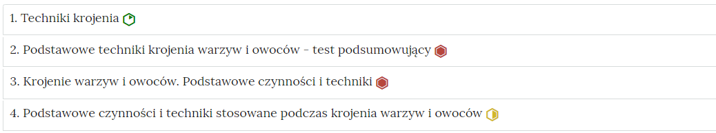 Grafika przedstawia widok interaktywnego materiału sprawdzającego, czyli zbioru poszczególnych zadań w formie listy z nazwami zadań, gdzie po kliknięciu w nazwę zadania pojawi się jego zawartość. Na liście, na prawo od nazwy każdego zadania widnieje ikonka informująca o poziomie trudności danego zadania.