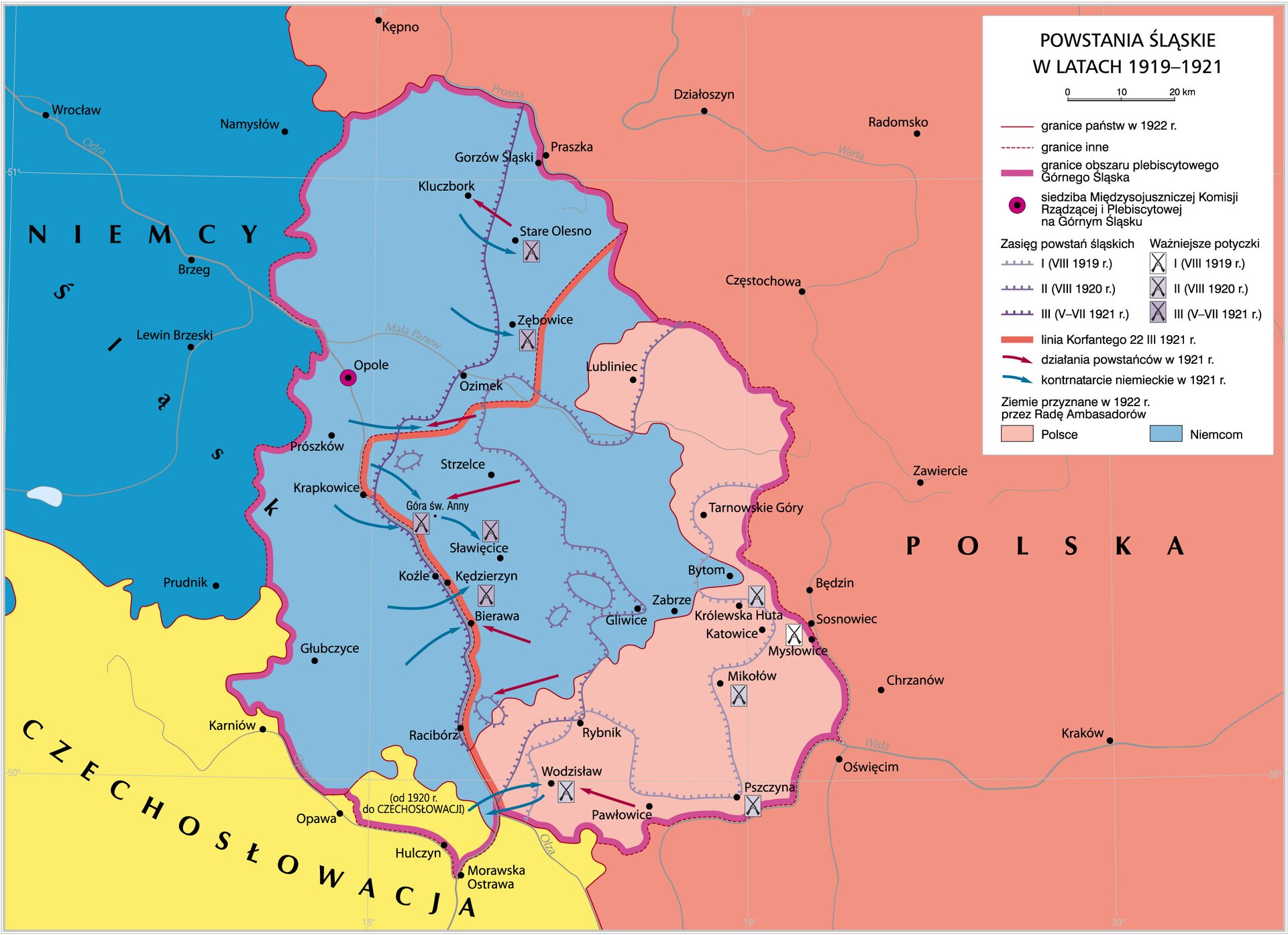 Grafika mapy przedstawiającej Powstanie śląskie w latach 1919-1921.