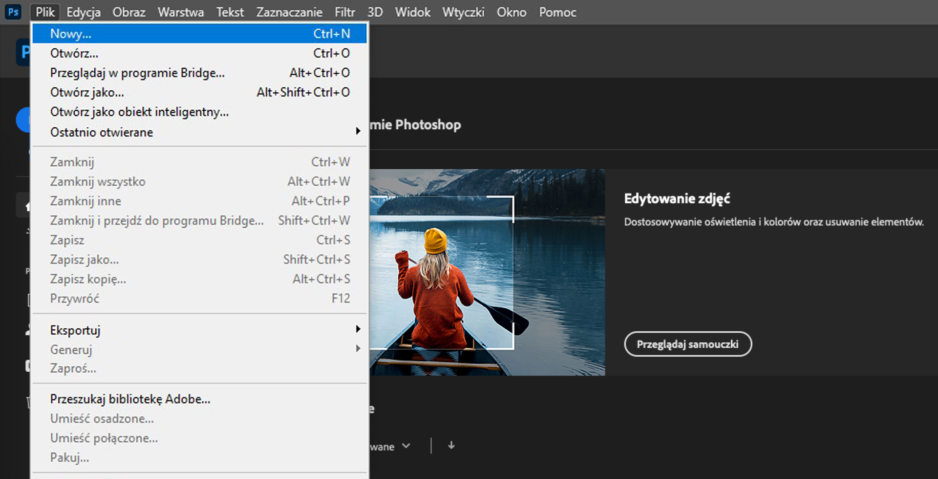 Ilustracja przedstawia okno programu. Z menu wybrano Plik. Zaznaczono opcję: Nowy. W obszarze roboczym jest zdjęcie dziewczyny płynącej kajakiem.