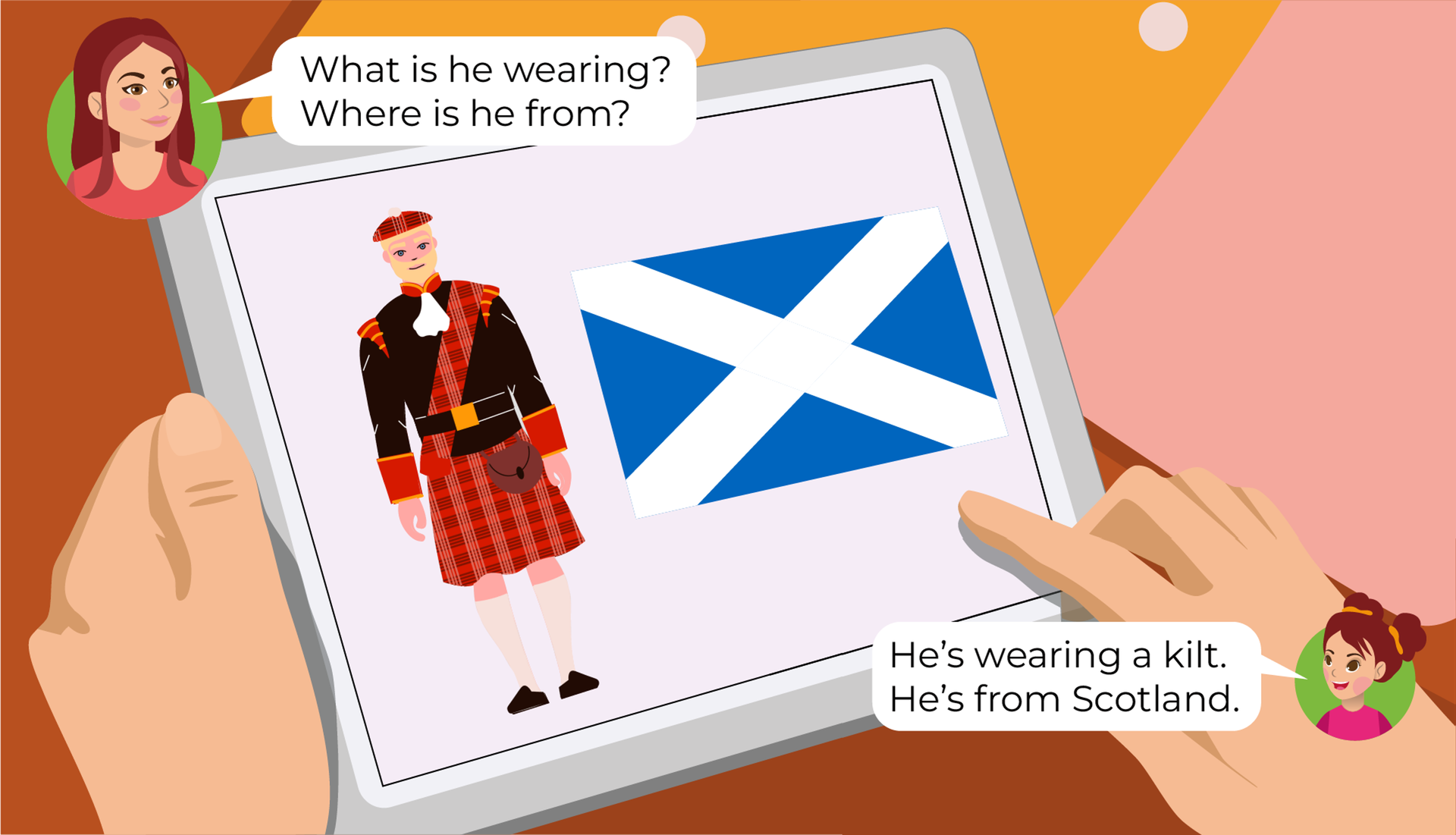 Ilustracja przedstawia tablet trzymany w czyichś dłoniach. W kółeczkach po przeciwległych stronach znajdują się twarze dwóch osób. Mamy i dziewczynki o imieniu  Mia. Mama wypowiada słowa zawarte w chmurce:  What is he wearing? Where is he from? . Dziewczynka wypowiada słowa: He’s wearing a kilt. He’s from Scotland. Na tablecie widzimy mężczyznę ubranego w brązowy mundur, czerwony kilt, długie, białe skarpety i czapkę z białym pomponem. Obok niego widzimy niebieską flagę Szkocji, z dwoma skośnymi pasami, krzyżującymi się środku.