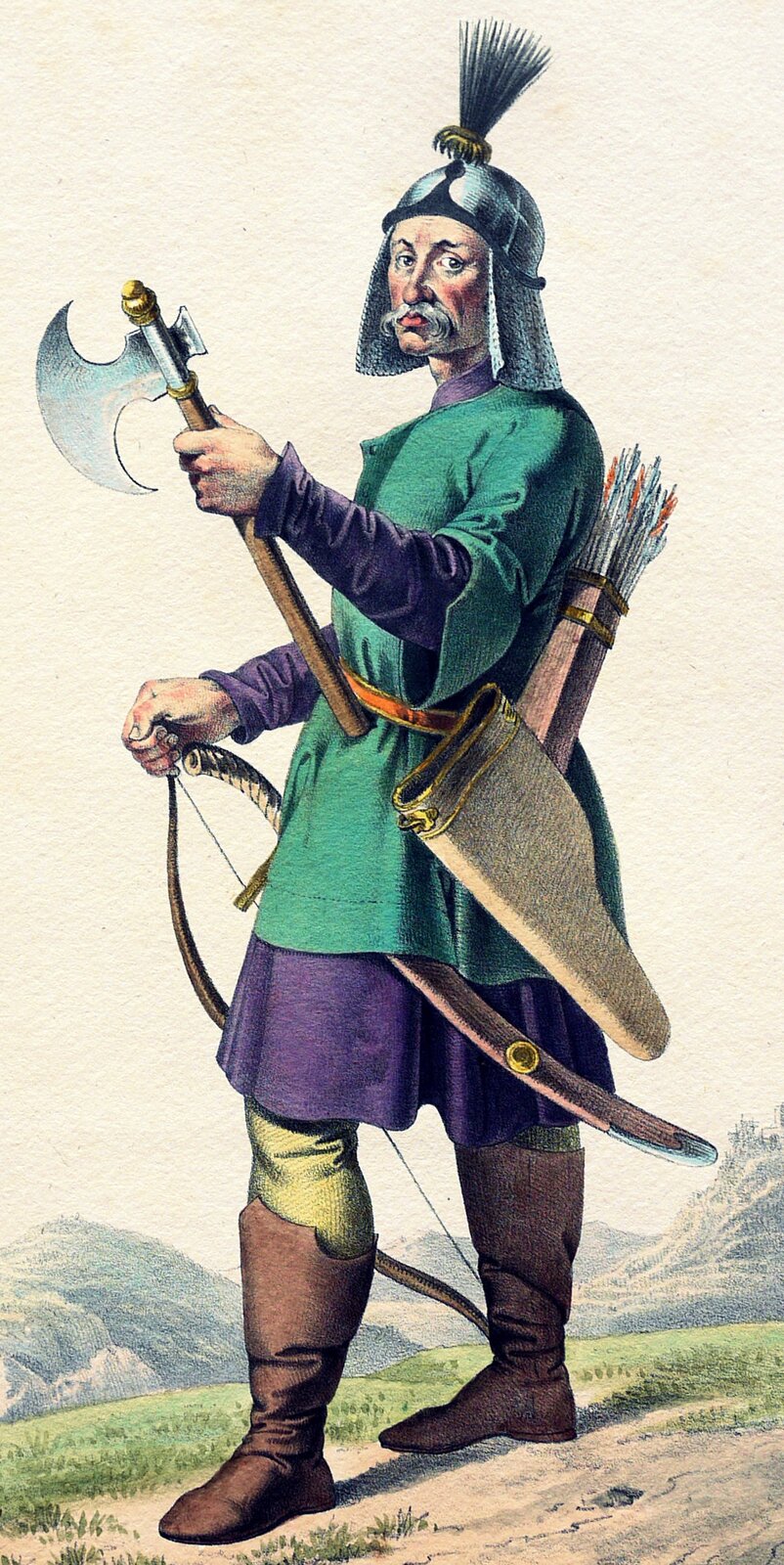 Ilustracja przedstawia starszego mężczyznę z siwymi wąsami, ubranego w fioletowy dłuższy kaftan do kolan, na który założony jest drugi, nieco krótszy, sięgający do połowy uda. Mężczyzna ma spodnie, z nogawkami włożonymi w wysokie buty z cholewą. Na głowie ma hełm, szyszak z elementem zdobniczym na czubku. Szyję, uszy i kark osłania kolczuga. W lewym ręku mężczyzna trzyma topór. Prawą dłoń trzyma na łuku. Na pasie przywieszona szabla oraz pochwa o kształcie wydłużonego trójkąta. Na plecach kołczan ze strzałami.