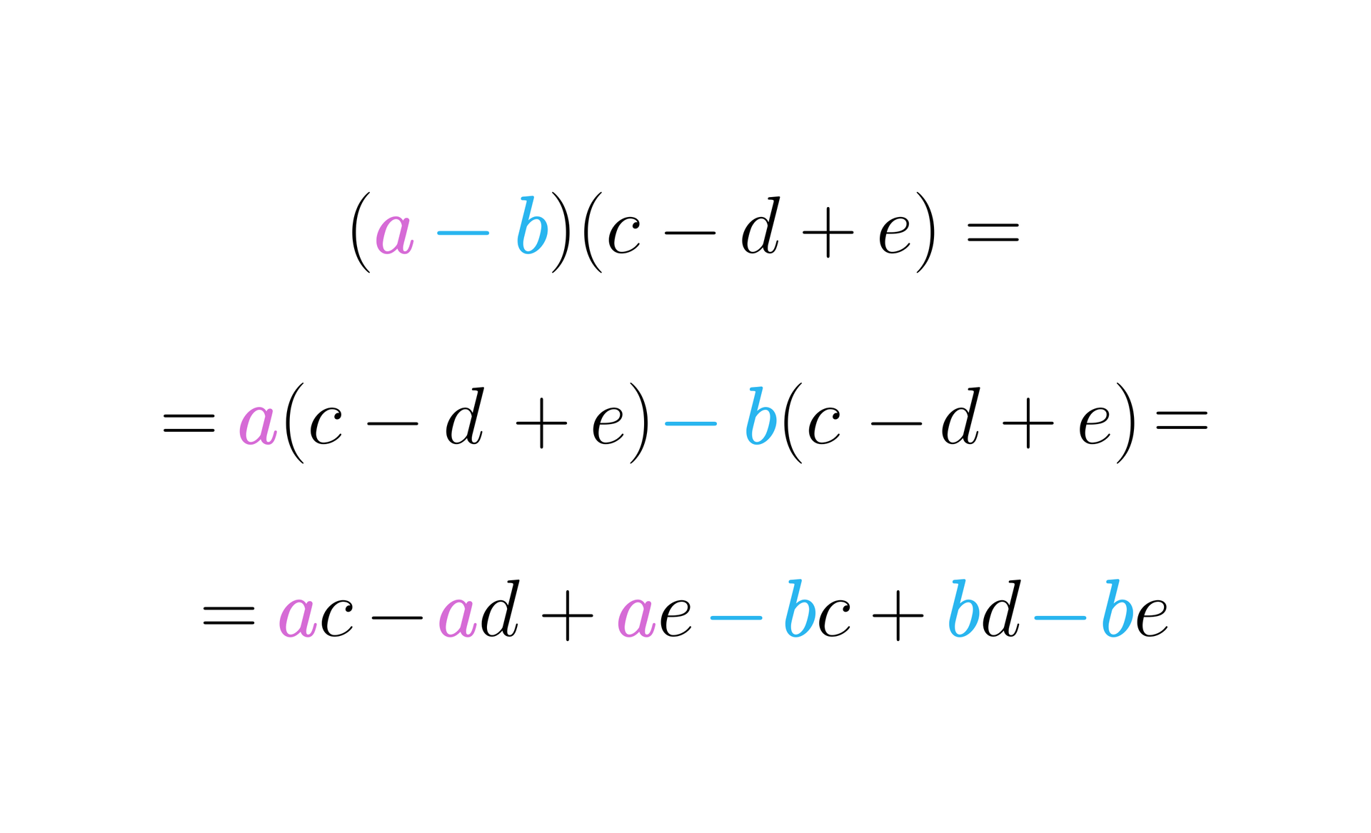 Nawias oznaczenie kolorem różowym a koniec oznaczenia oznaczenie kolorem niebieskim odjąć b koniec oznaczenia zamknięcie nawiasu nawias c odjąć d dodać e zamknięcie nawiasu równa się oznaczenie kolorem różowym a koniec oznaczenia nawias c minus d dodać e zamknięcie nawiasu oznaczenie kolorem niebieskim minus b koniec oznaczenia nawias c minus d dodać e zamknięcie nawiasu równa się oznaczenie kolorem różowym a koniec oznaczenia c minus oznaczenie kolorem różowym a koniec oznaczenia d plus oznaczenie kolorem różowym a koniec oznaczenia e oznaczenie kolorem niebieskim minus b koniec oznaczenia c dodać oznaczenie kolorem niebieskim b koniec oznaczenia d minus oznaczenie kolorem niebieskim minus b koniec oznaczenia e.