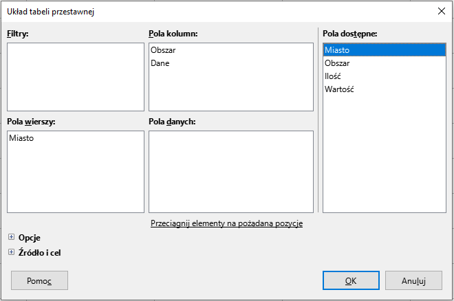 Ilustracja przedstawia otwarte okno dialogowe Układ tabeli przestawnej składające się z pięciu pół: Filtry, Kolumny, Wiersze, Wartości, Pola dostępne. W Pola kolumn wpisane są elementy: Obszar, Dane. W Pola dostępne wpisane są elementy: Miasto (podświetlone), Obszar, Ilość, Wartość. W Pola wierszy wpisany jest element Miasto. Na dole okna znajdują się przyciski: Pomoc, OK, Anuluj.