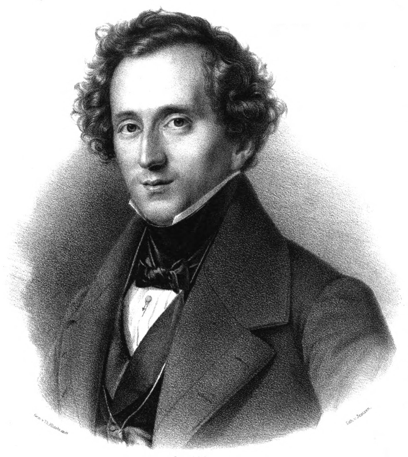 Ilustracja przedstawia litografię kompozytora Feliksa Mendelssohna Bartholdiego autorstwa Friedricha Jentzena. Mężczyzna na portrecie ma dłuższe włosy, lekko falowane. Ubrany jest w szary garnitur i białą koszulę. Delikatnie uśmiecha się.