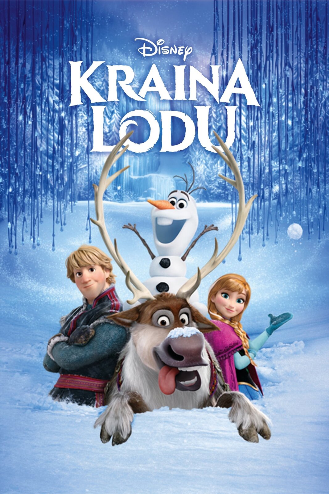 Plakat do filmu animowanego „Kraina Lodu”. Tło stanowi leżąca na ziemi gruba warstwa śniegu, zwisające z góry cienkie gałęzie drzew oraz las obecny w oddali. Na górze umieszczono biały napis „DISNEY” [czytaj: disnej], a pod spodem „KRAINA LODU”.  Następnie przedstawiono cztery zanurzone w śniegu postacie. Pośrodku obecny jest duży, biało‑brązowy renifer z wywieszonym językiem oraz długimi, jasnymi rogami, pomiędzy którymi stoi kolejna postać. Jest to bałwan, którego górna część została upodobniona do ludzkiej twarzy – ma otwarte usta, okrągłe oczy oraz uniesione brwi. Z lewej strony przedstawiono jasnowłosego, młodego mężczyznę z grzywką, który stoi bokiem ze skrzyżowanymi na piersiach rękami. Ma na sobie niebieski płaszcz, a także szalik i pas z elementami koloru różowego. Jego lewy kącik ust jest uniesiony. Z prawej strony obecna jest uśmiechnięta, młoda kobieta, której długie, jasne włosy zaplecione są w dwa warkocze. Jej oczy są szeroko otwarte, a policzki zaróżowione. Ma na sobie niebieską suknię z ciemnym gorsetem, a także różową pelerynę i niebieskie rękawiczki. Nad jej wyciągniętą dłonią obecna jest kula śniegu. 