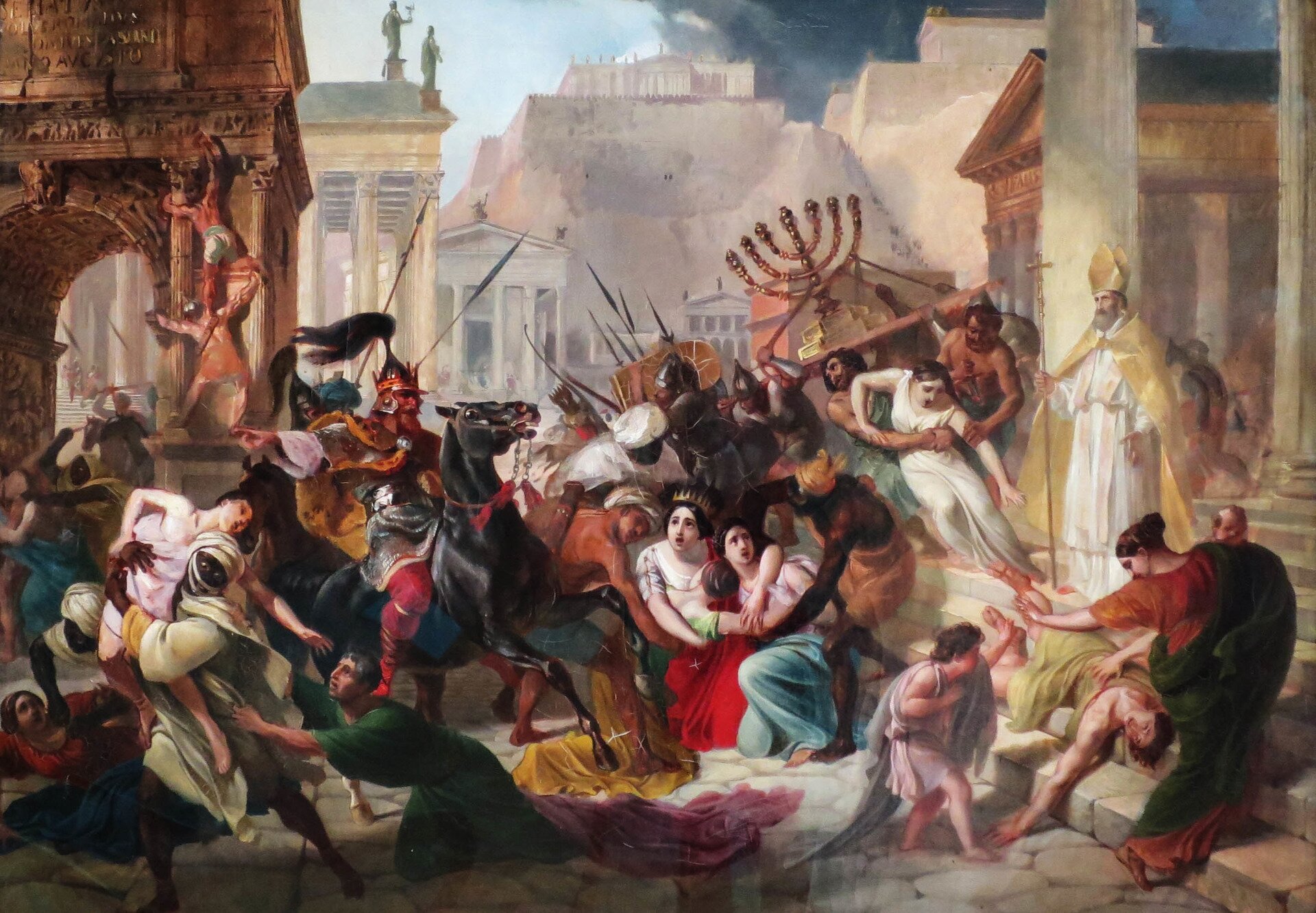 Obraz przedstawiający scenę: Genzeryk zdobywa Rzym w 455 roku.