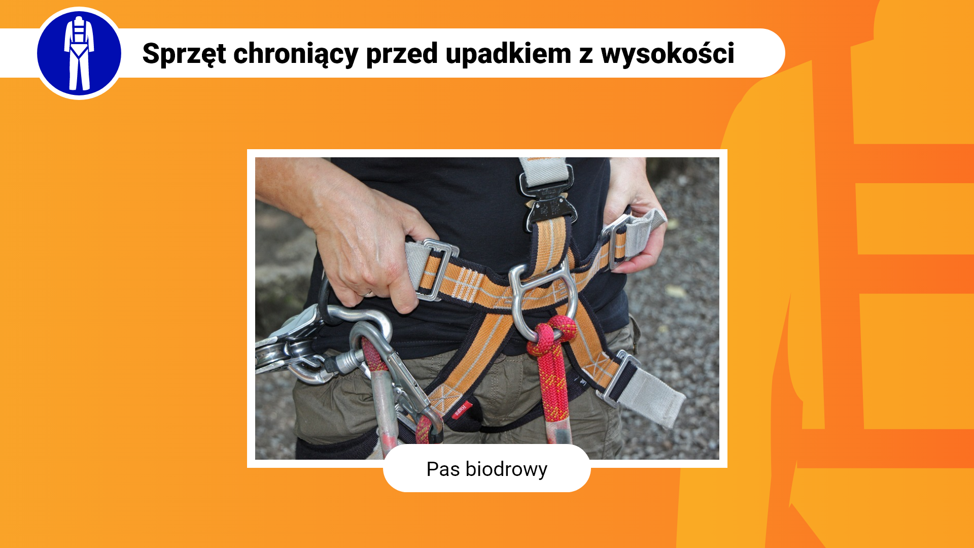 Zdjęcie w ramce z podpisem: pas biodrowy. Przedstawia zbliżenie na mężczyznę, który ma założony pas biodrowy. Pas składa się z kilku pomarańczowych pasków połączonych metalowymi klamrami. Do klamer po lewej stronie przypięte są karabińczyki z linami.