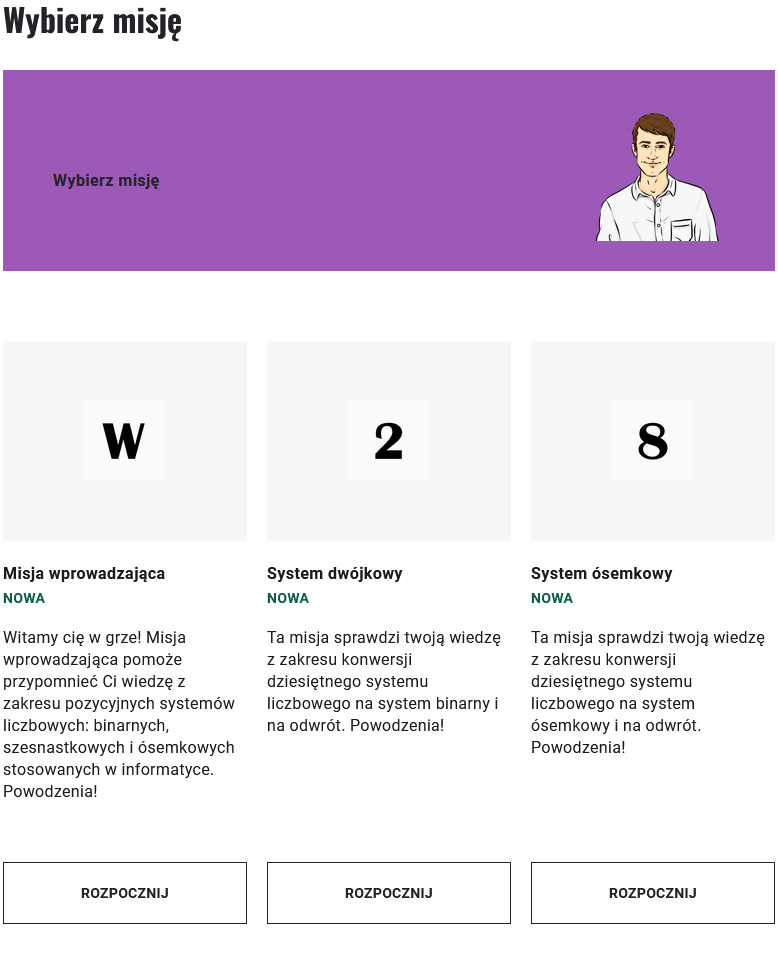 Grafika przedstawia ekran wyboru misji. Widoczne jest kilka misji do wyboru, każda zawiera opis. Na na samym dole, poniżej wszystkich opisów znajduje się po przycisku "Rozpocznij".